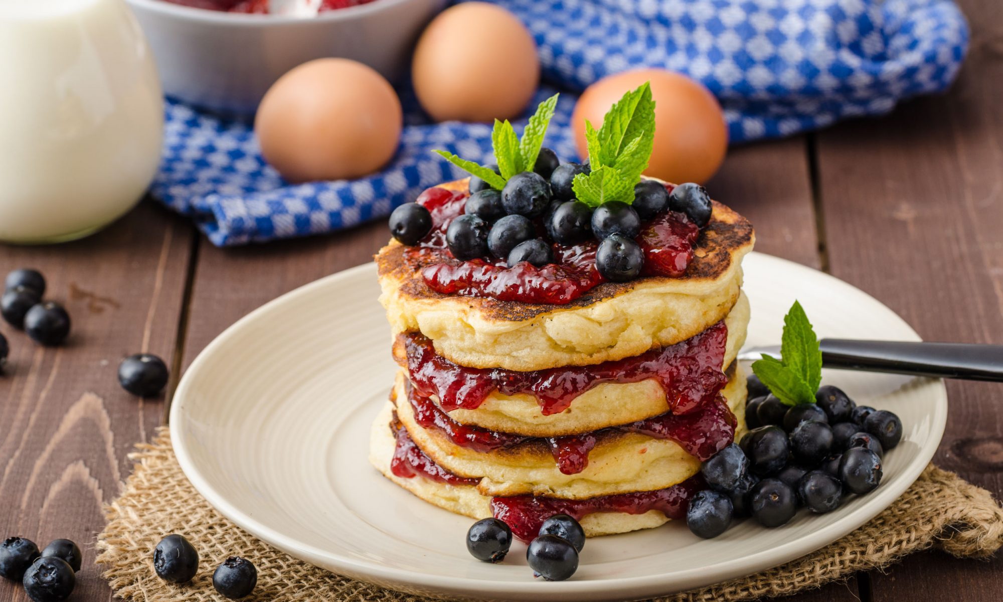 Download mobile wallpaper Food, Blueberry, Still Life, Jam, Egg, Breakfast, Pancake for free.