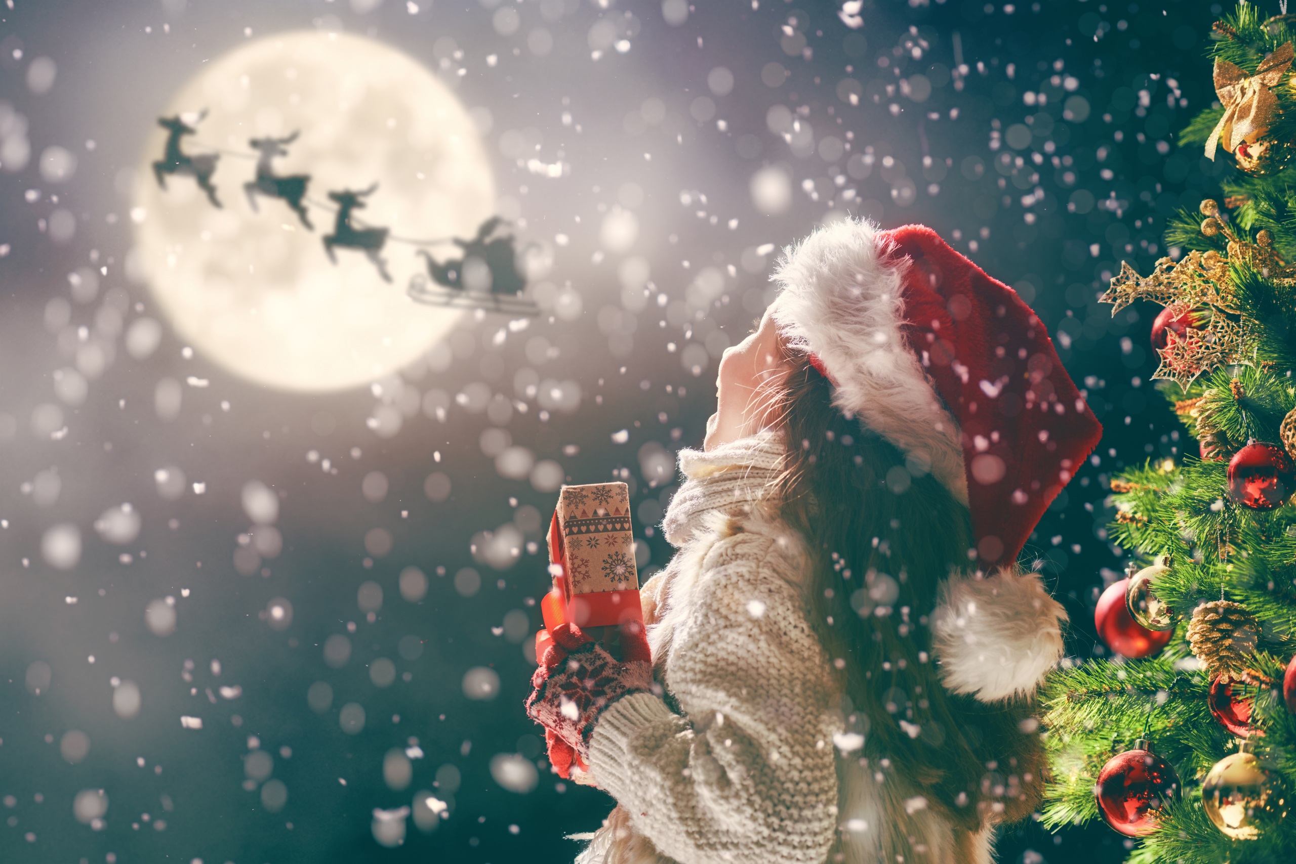 Скачать картинку Луна, Рождество, Сани, Ребёнок, Подарки, Праздничные, Санта, Северный Олень в телефон бесплатно.