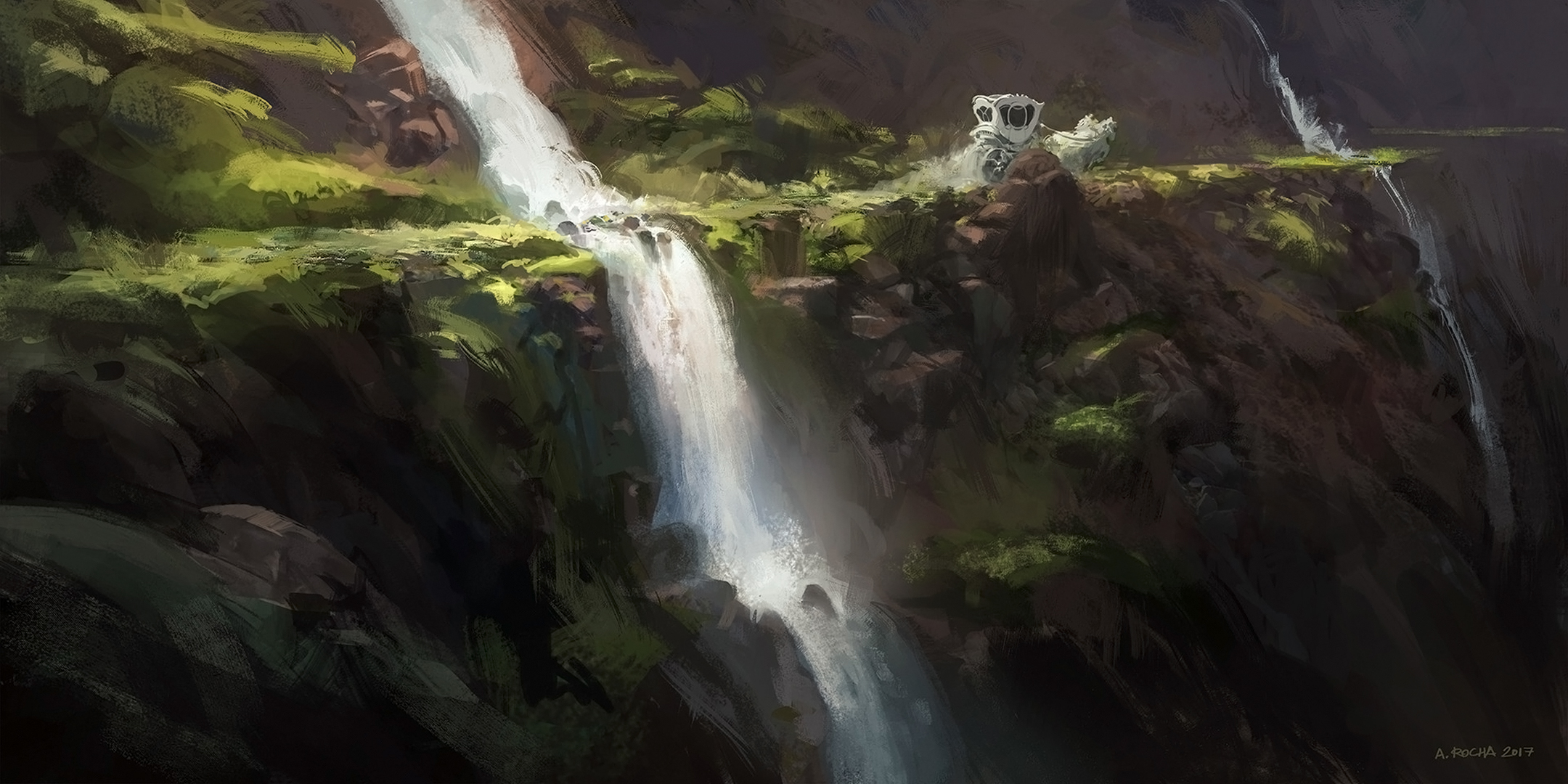 fantasy, landscape, horse drawn vehicle, waterfall
