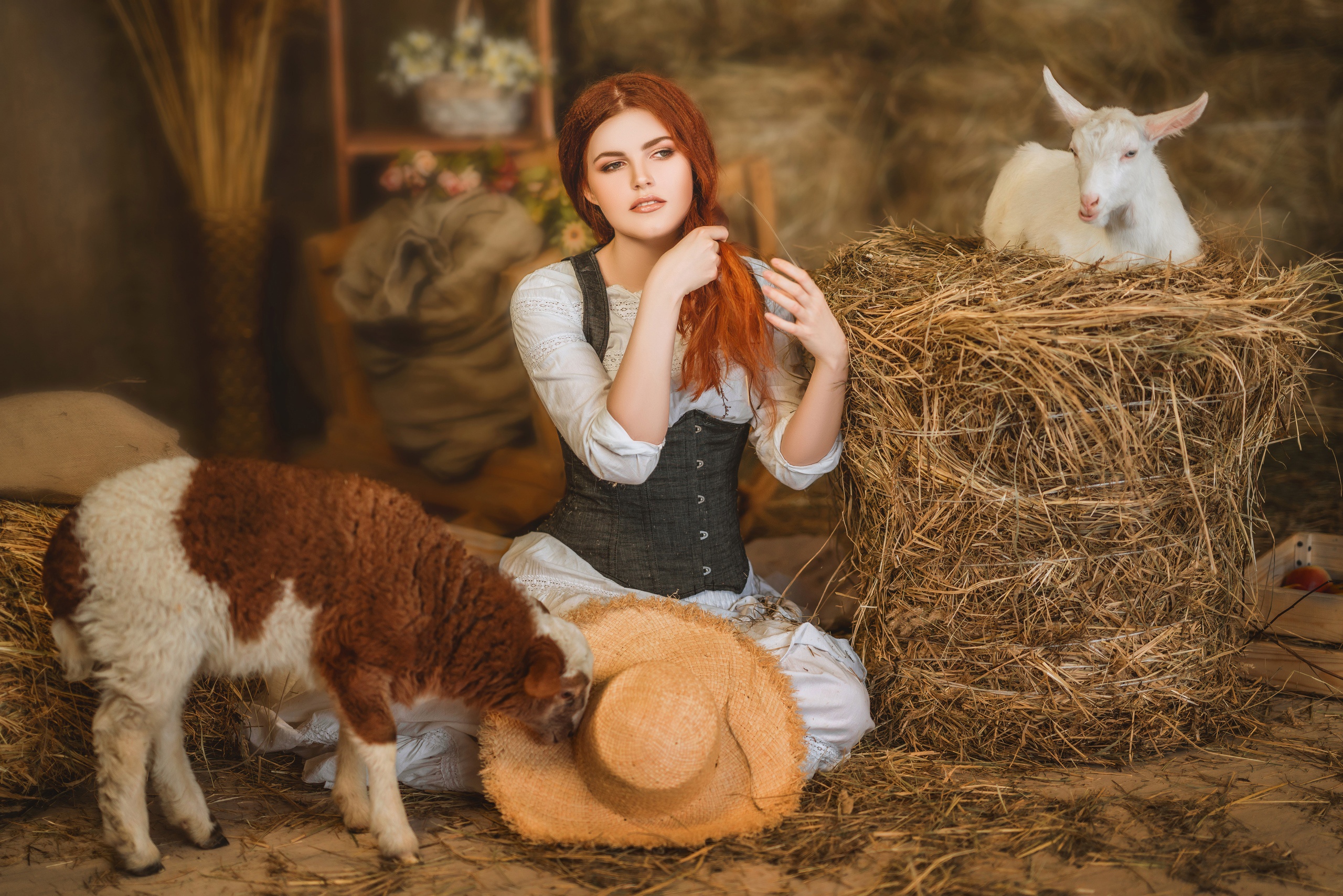 women, model, baby animal, hat, haystack, lamb, redhead