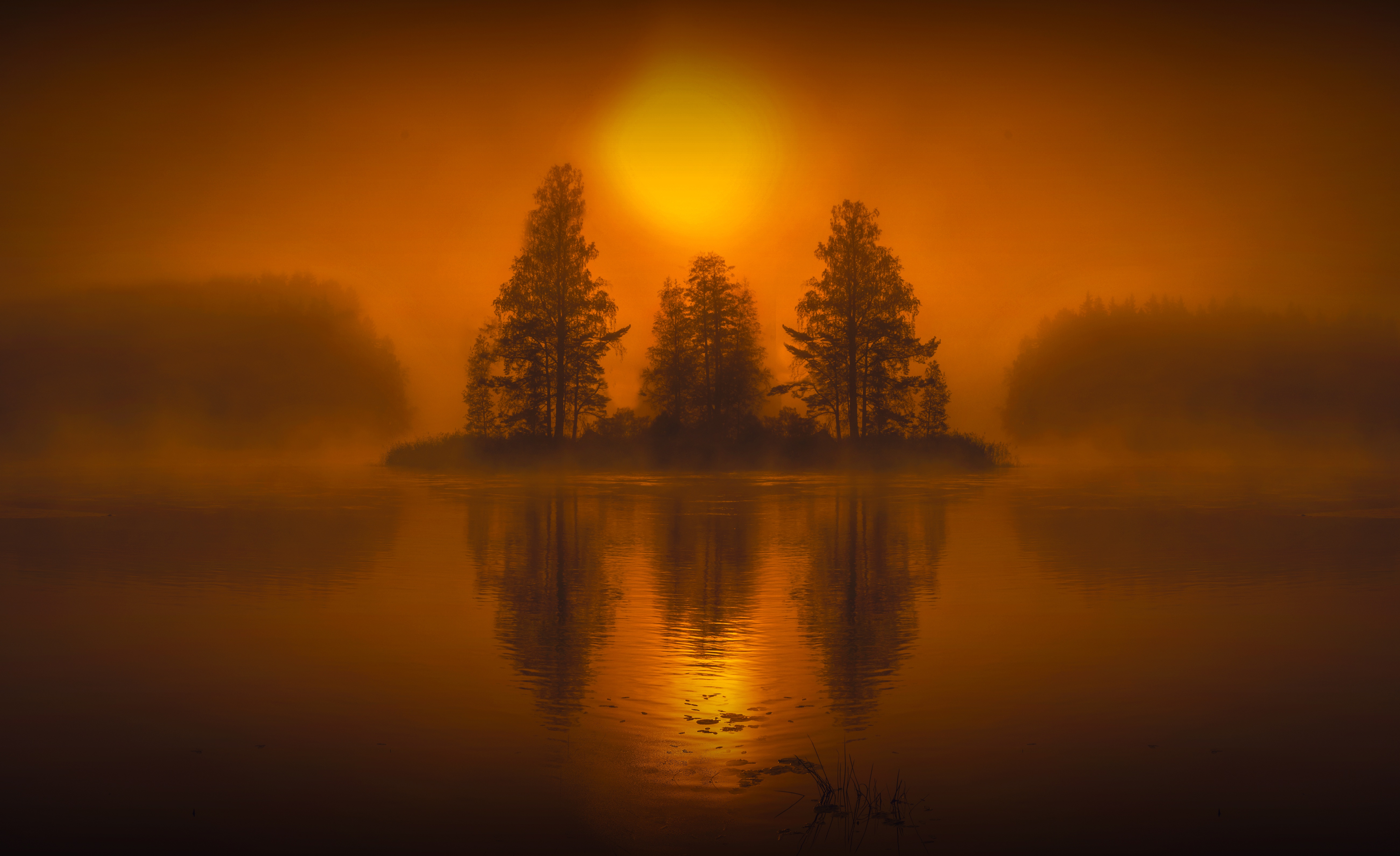 Free download wallpaper Nature, Sun, Lake, Reflection, Silhouette, Fog, Earth, Island on your PC desktop
