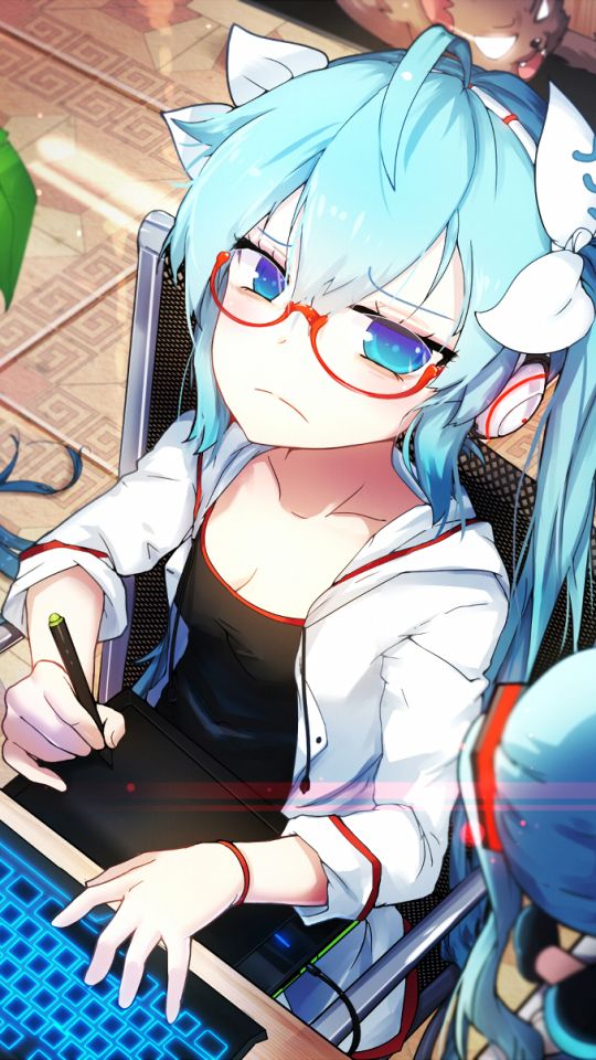 Download mobile wallpaper Anime, Headphones, Plant, Vocaloid, Glasses, Computer, Hatsune Miku, Aqua Eyes, Aqua Hair, Twintails, Chibi for free.