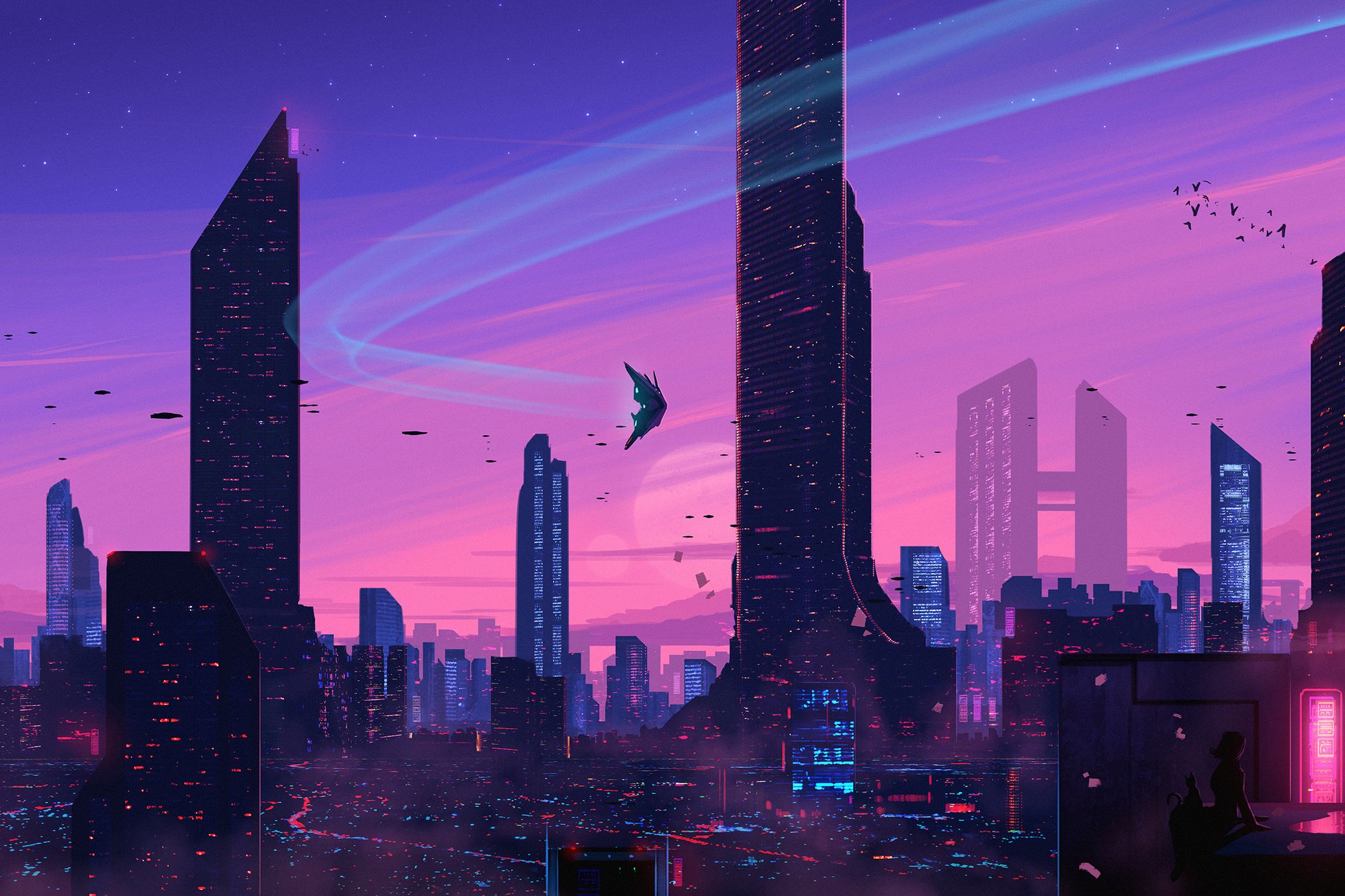 Download mobile wallpaper City, Cat, Cityscape, Sci Fi for free.