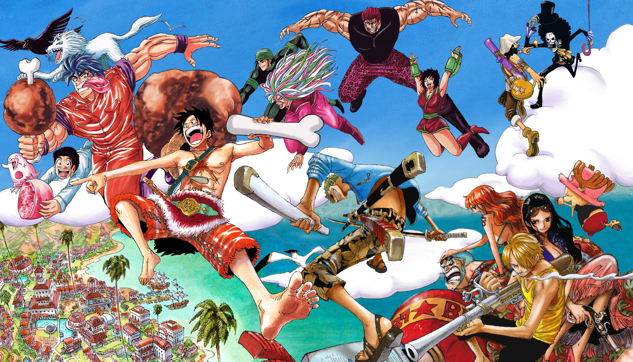 Free download wallpaper Anime, Crossover, Tony Tony Chopper, Usopp (One Piece), Monkey D Luffy, Nami (One Piece), Sanji (One Piece) on your PC desktop
