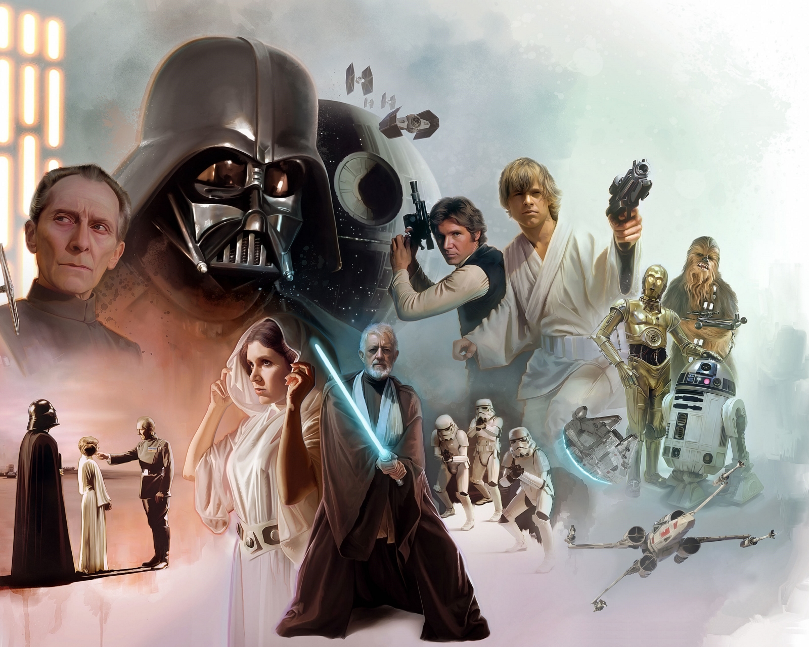 Download mobile wallpaper Star Wars, Sci Fi, Darth Vader, Stormtrooper, R2 D2, Chewbacca, Luke Skywalker, Obi Wan Kenobi, C 3Po, Han Solo, Death Star, Princess Leia, Wilhuff Tarkin for free.