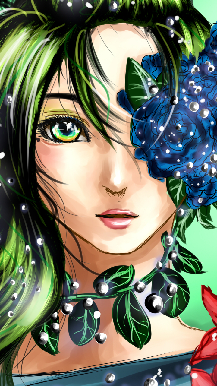 Download mobile wallpaper Fantasy, Flower, Leaf, Green Hair, Fairy, Green Eyes, Sparkles for free.