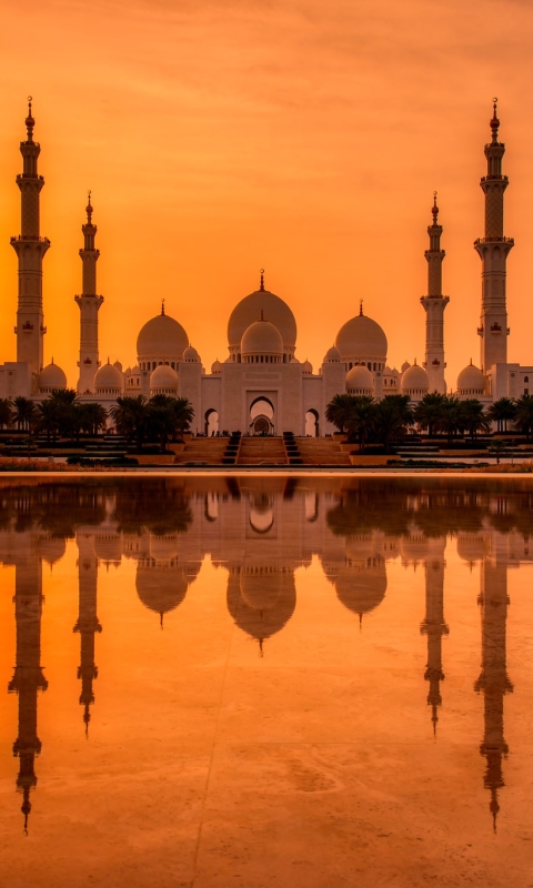 Handy-Wallpaper Architektur, Vereinigte Arabische Emirate, Abu Dhabi, Scheich Zayid Moschee, Sonnenuntergang, Die Architektur, Spiegelung, Religiös, Betrachtung, Moscheen kostenlos herunterladen.