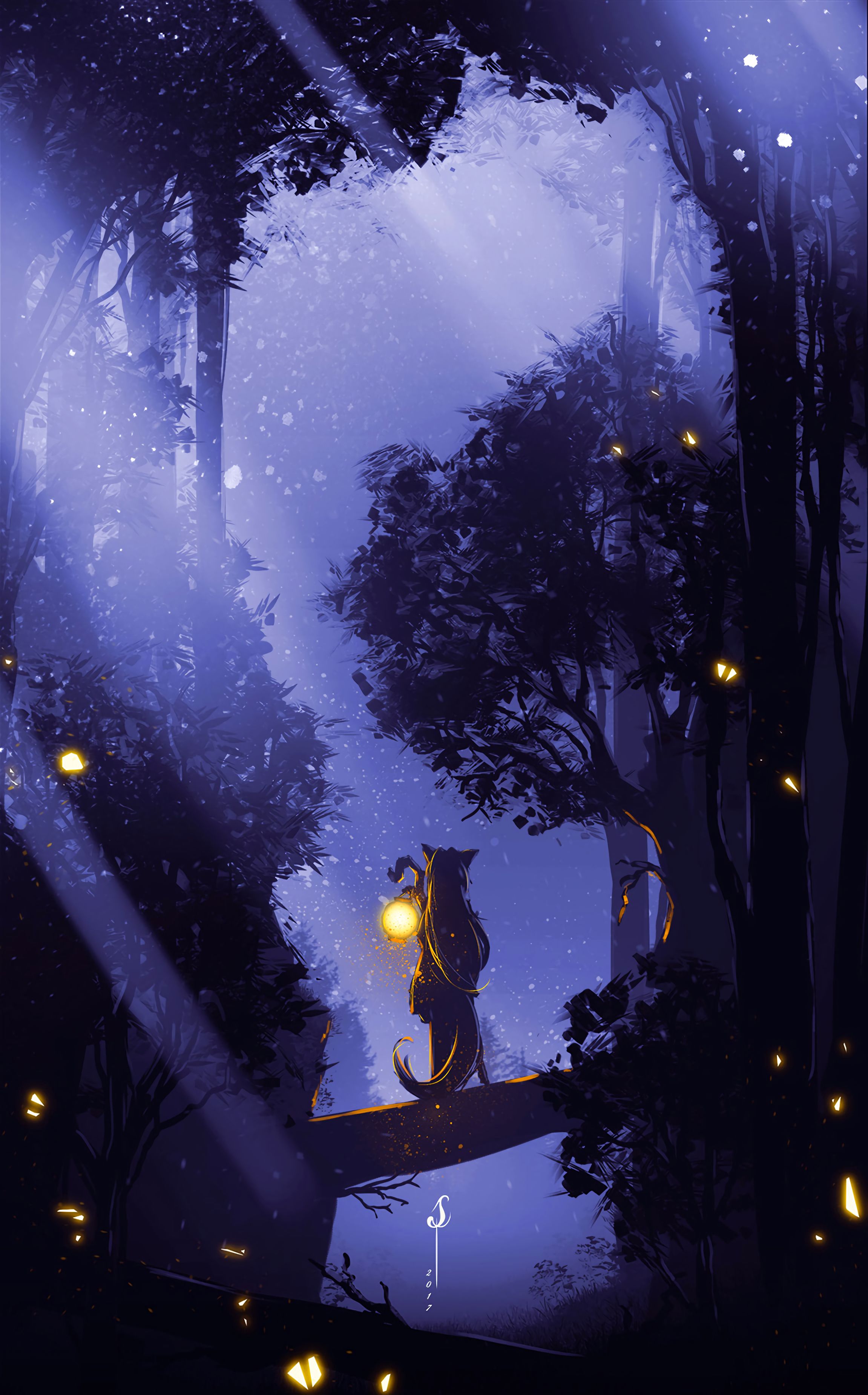 lamp, art, silhouette, loneliness, forest, fog, lantern Smartphone Background