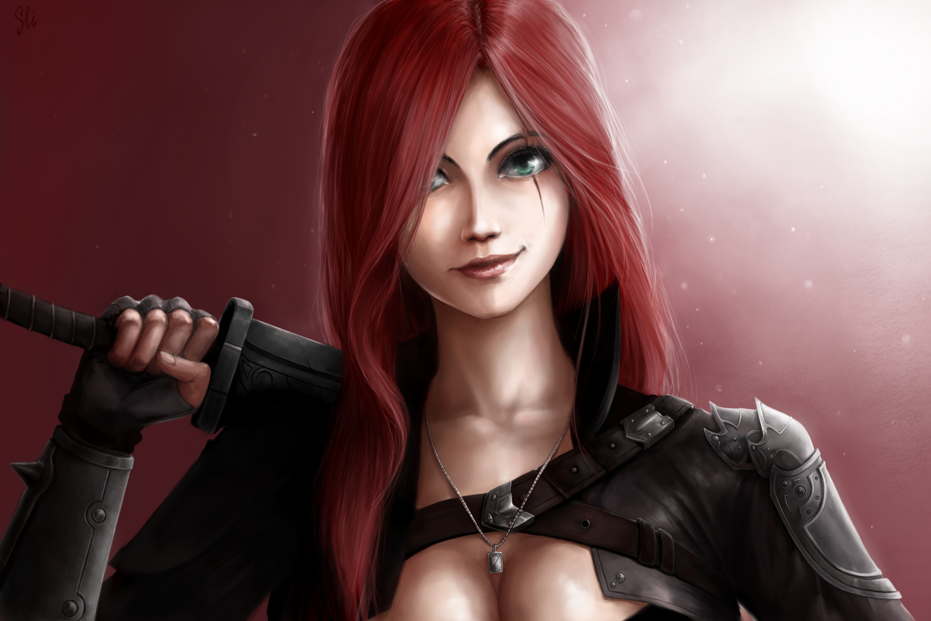 Free download wallpaper League Of Legends, Sword, Green Eyes, Video Game, Red Hair, Scar, Katarina (League Of Legends) on your PC desktop