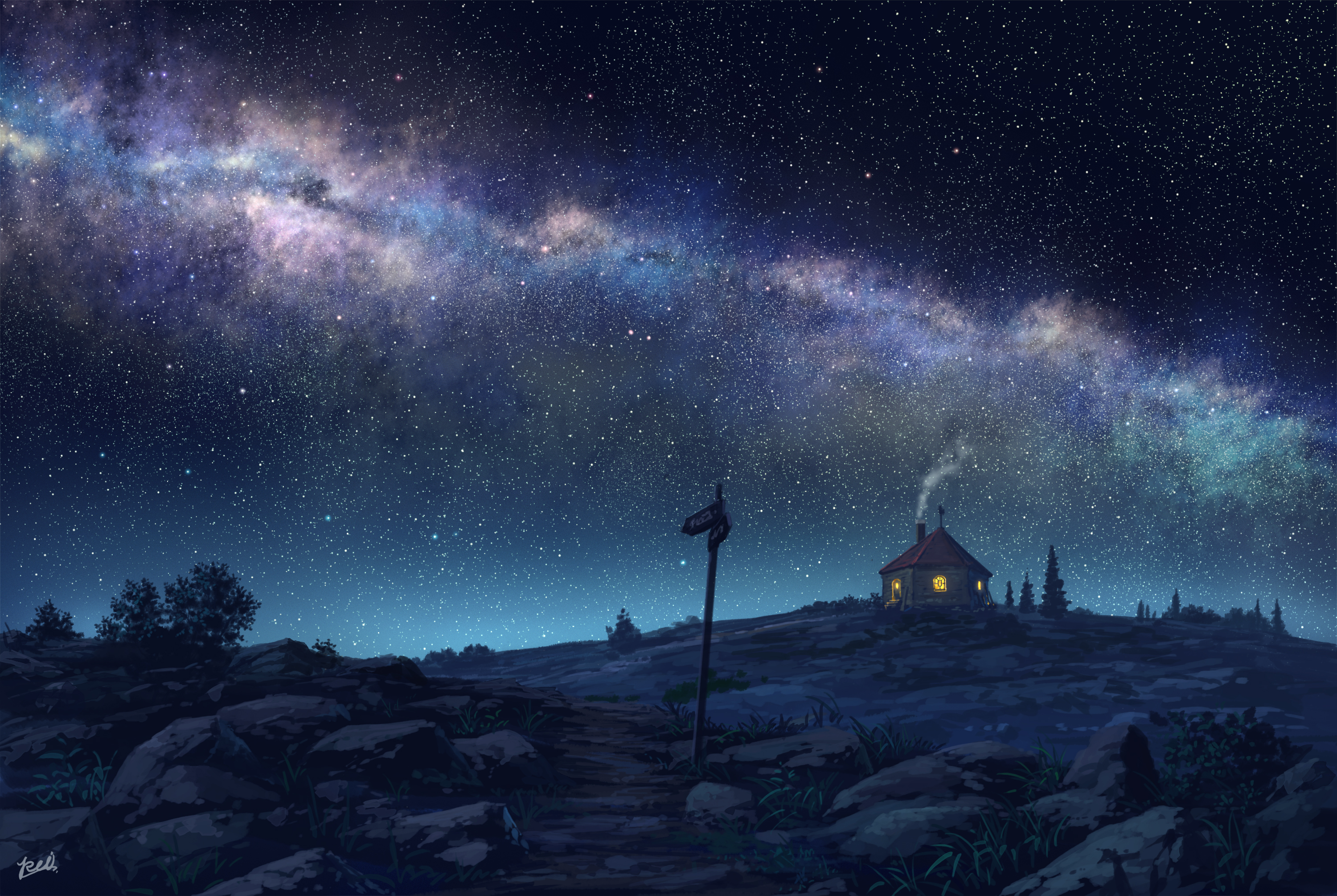 Download mobile wallpaper Anime, Sky, Night, Starry Sky, House, Hut for free.