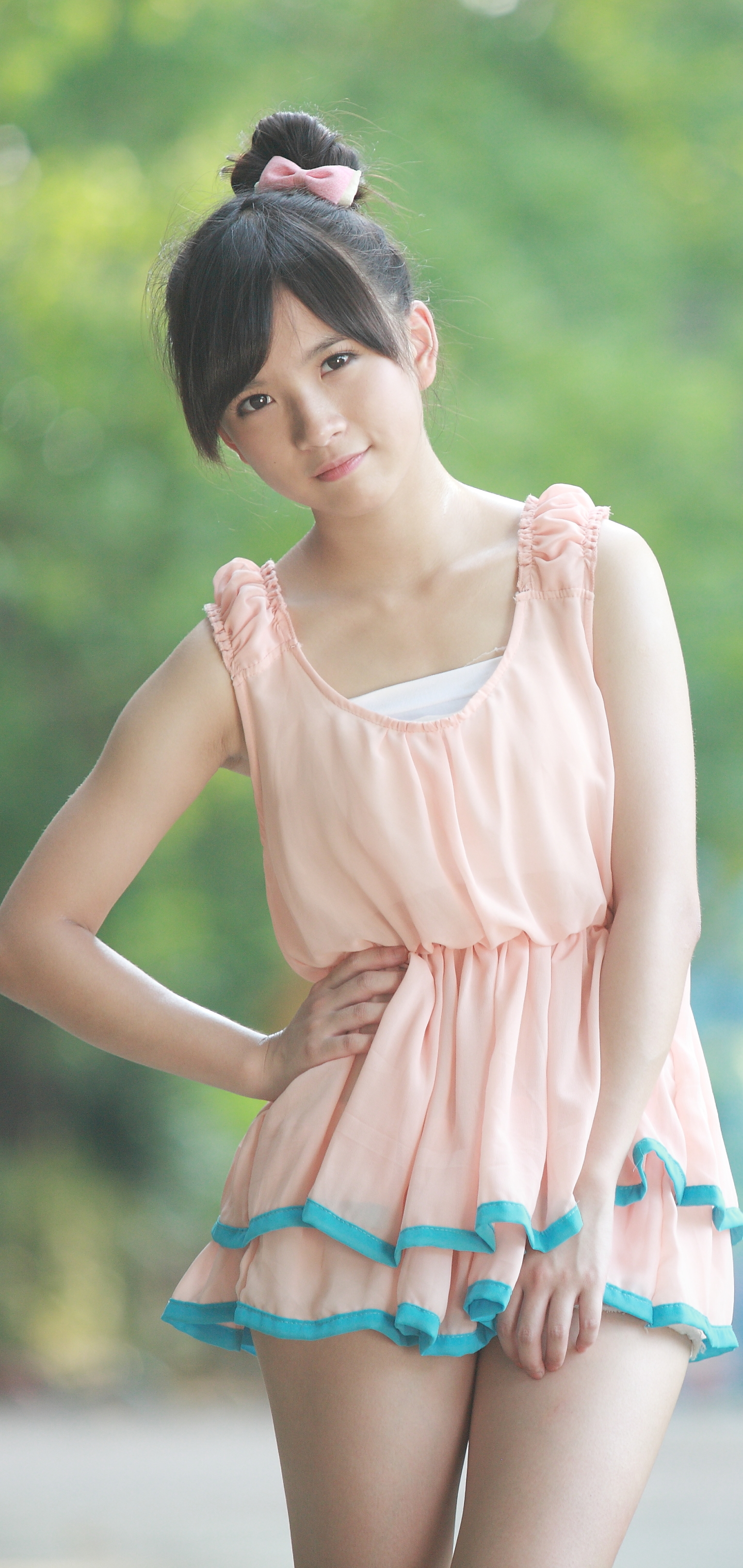 Download mobile wallpaper Brunette, Model, Women, Asian, Brown Eyes, Pink Dress, Xiaojing for free.