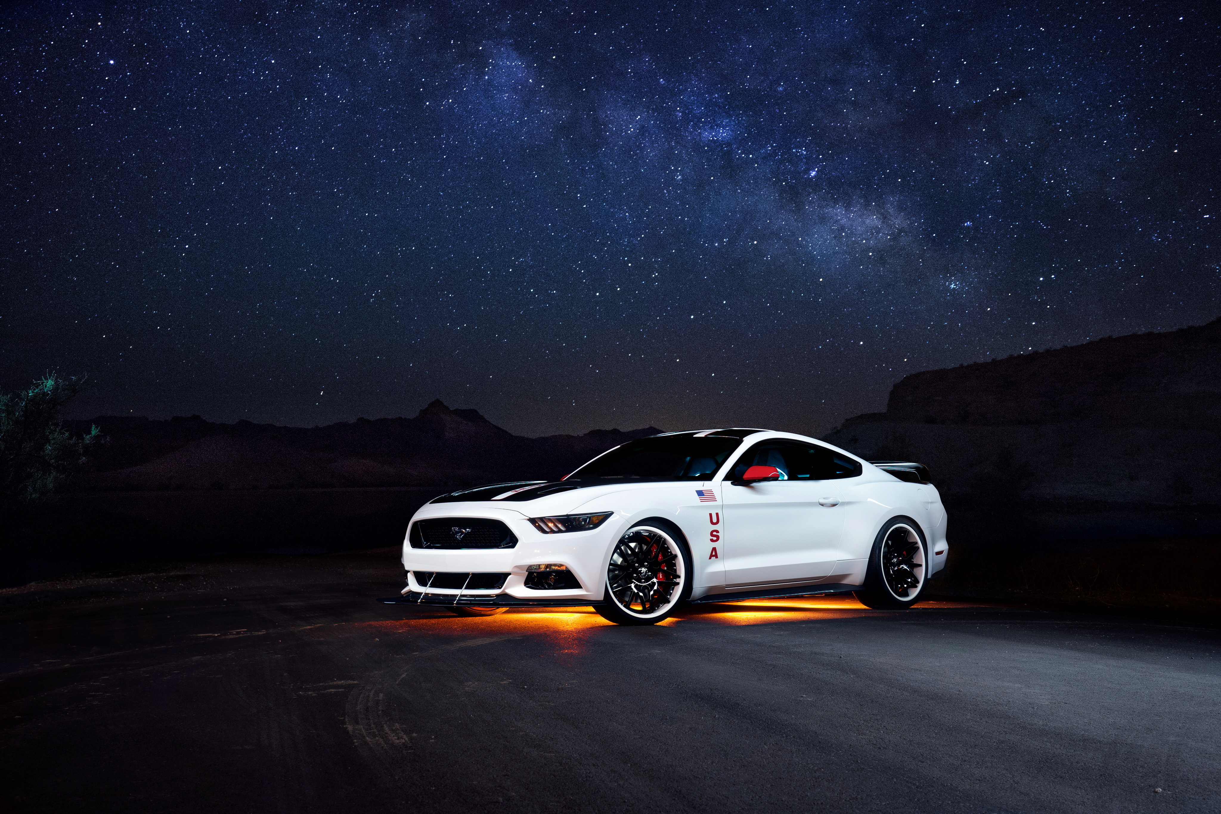 side view, mustang, cars, ford, white, night