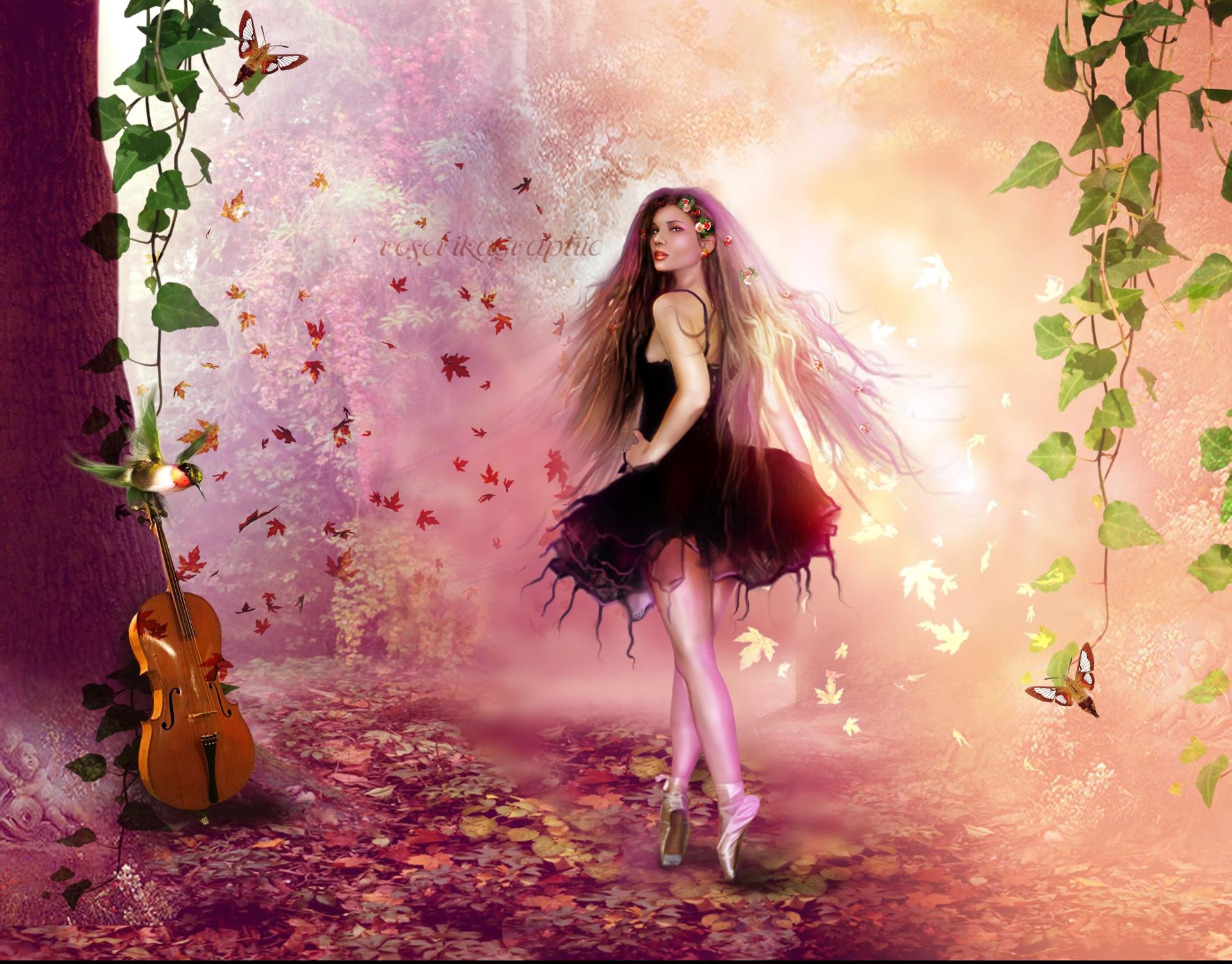 Free download wallpaper Fantasy, Forest, Women, Violin on your PC desktop