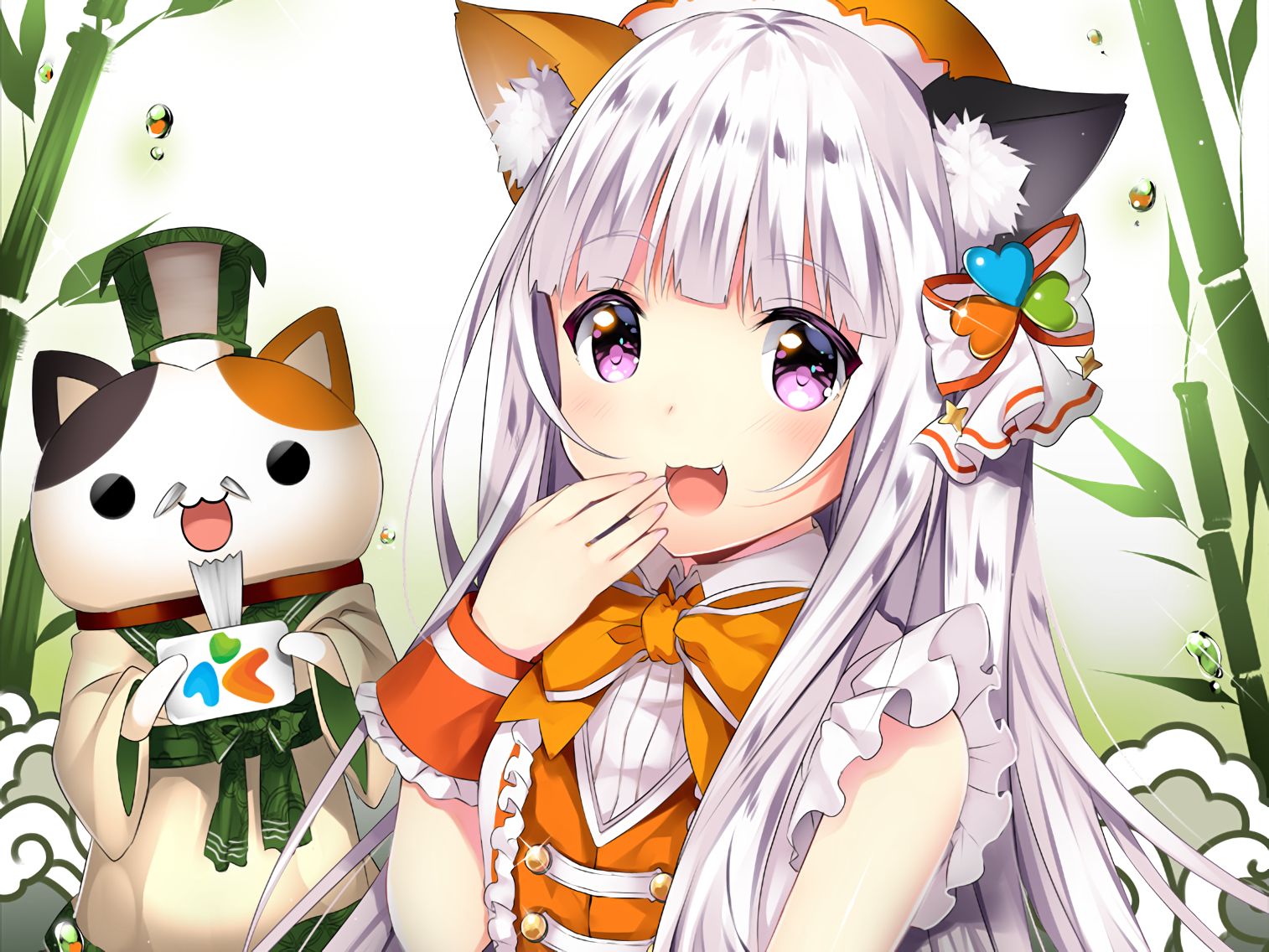 Download mobile wallpaper Anime, Cat, Smile, Original, Long Hair, Purple Eyes, White Hair, Animal Ears, Bow (Clothing), Yukata, Japanese Clothes for free.