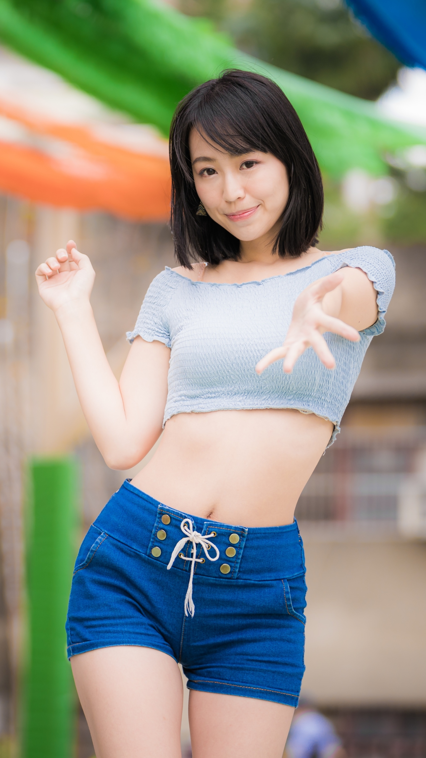 Download mobile wallpaper Model, Women, Shorts, Asian, Black Hair, Short Hair, Depth Of Field for free.