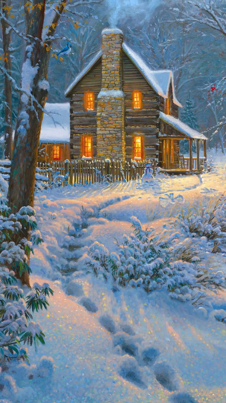 Descarga gratuita de fondo de pantalla para móvil de Invierno, Nieve, Pintura, Casa, Artístico.