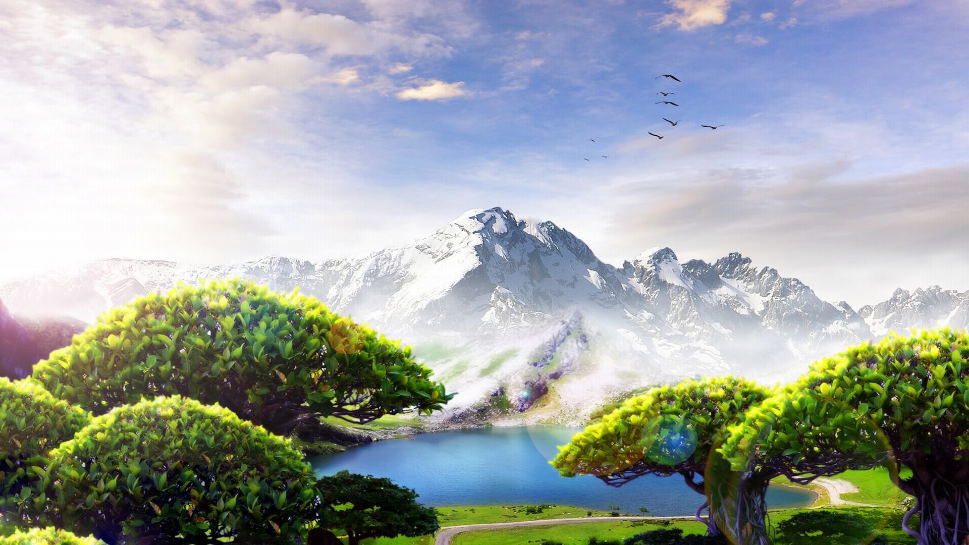 Free download wallpaper Landscape, Nature, Sky, Mountain, Lake, Tree, Artistic on your PC desktop
