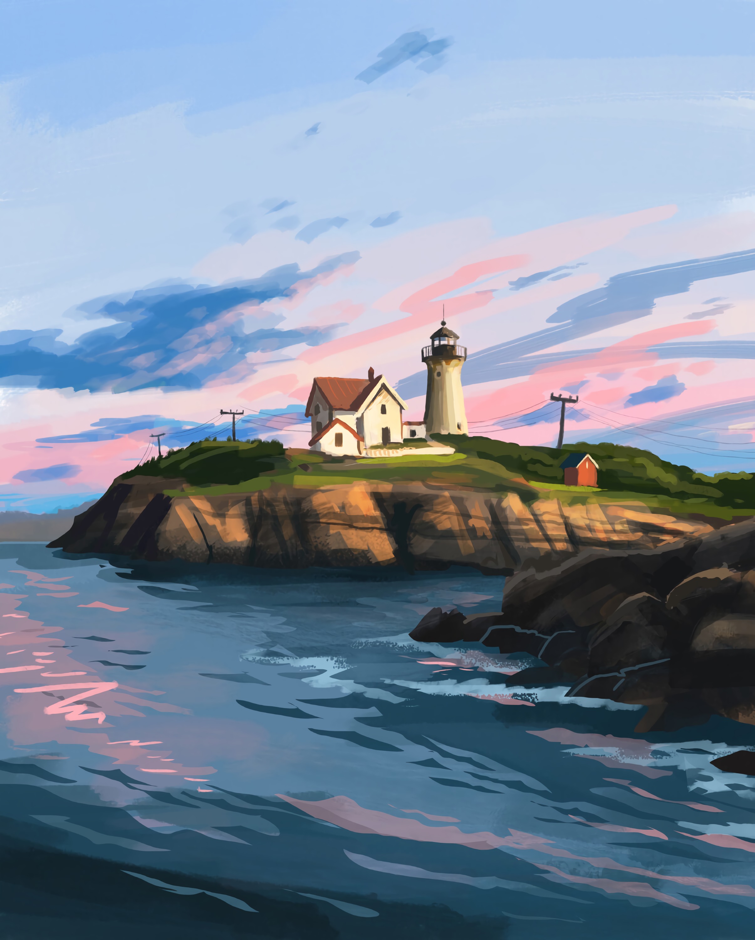 art, house, rocks, lighthouse