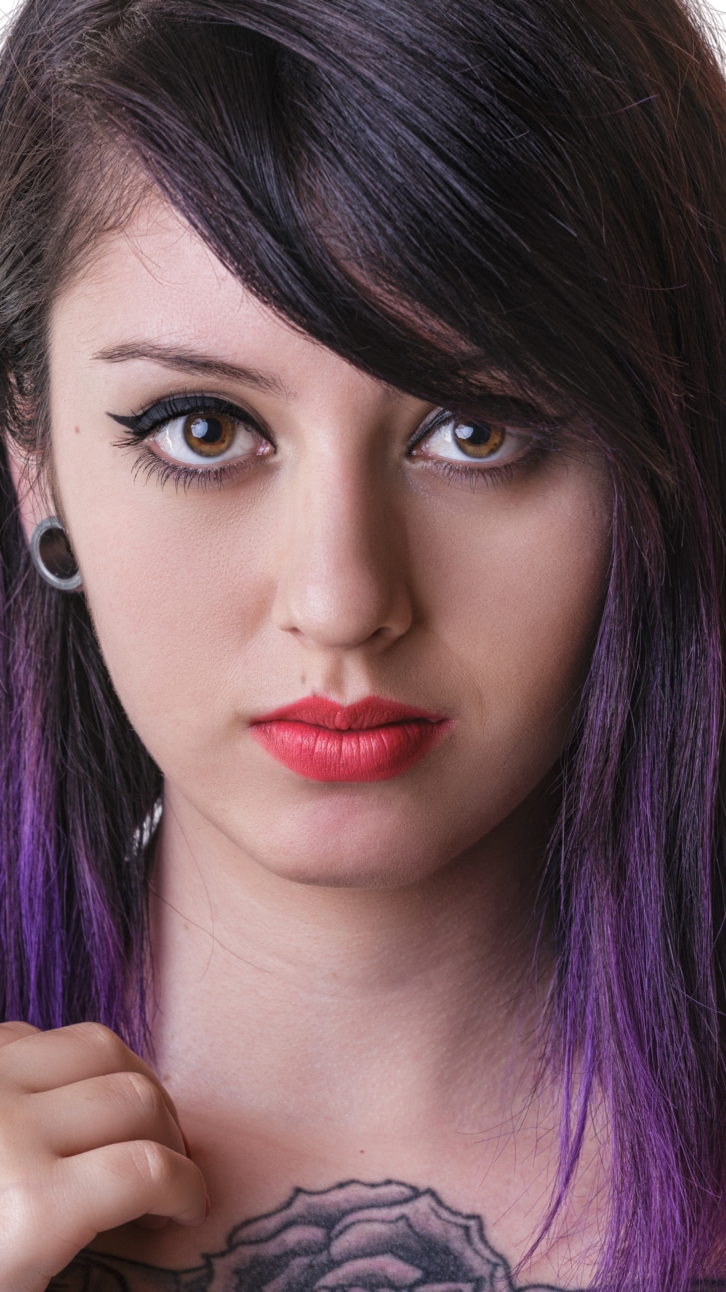 Download mobile wallpaper Tattoo, Face, Model, Women, Brown Eyes, Lipstick, Purple Hair for free.