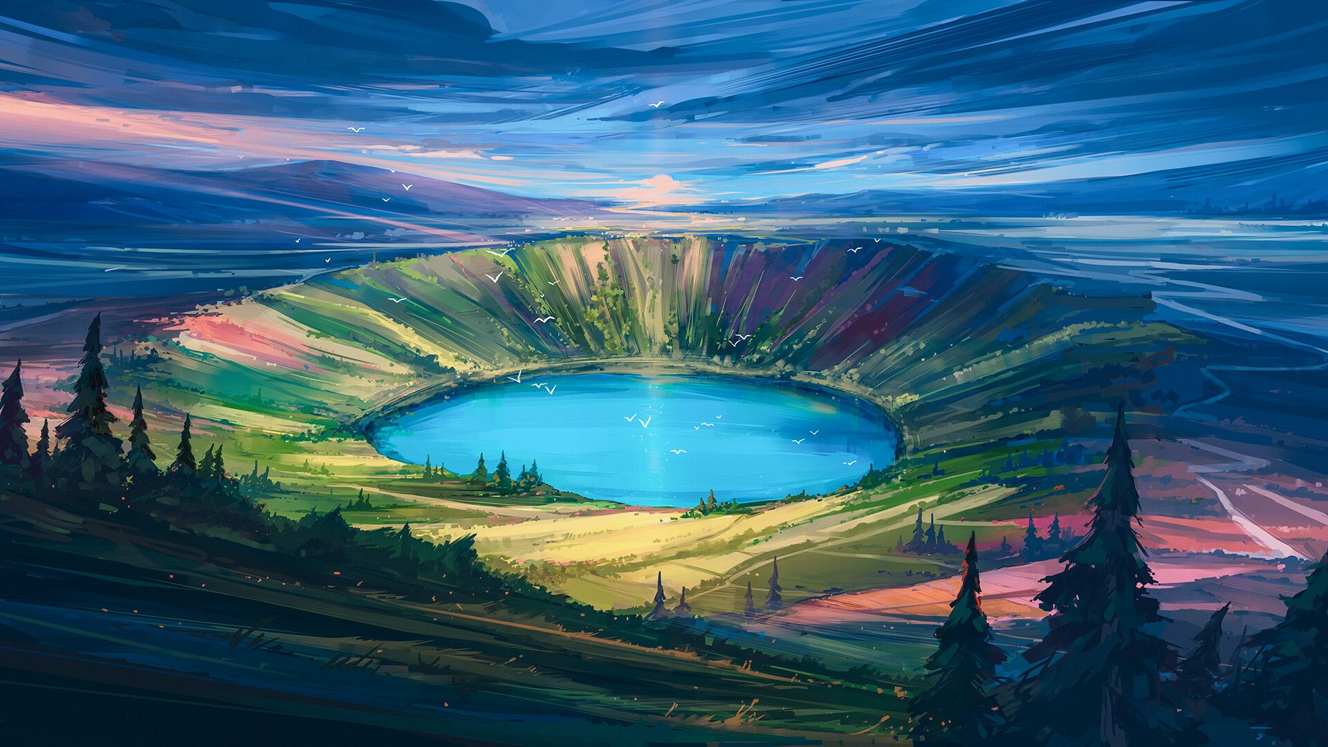 1042955 скачать картинку пейзаж, художественные, кратер, озеро - обои и заставки бесплатно