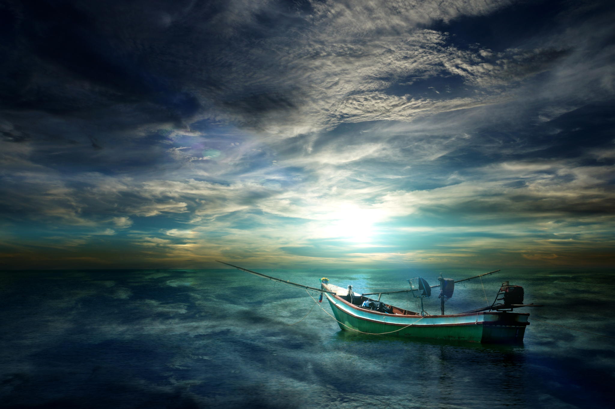 fishing boat, vehicles, boat, blue, cloud, ocean, sea, sky