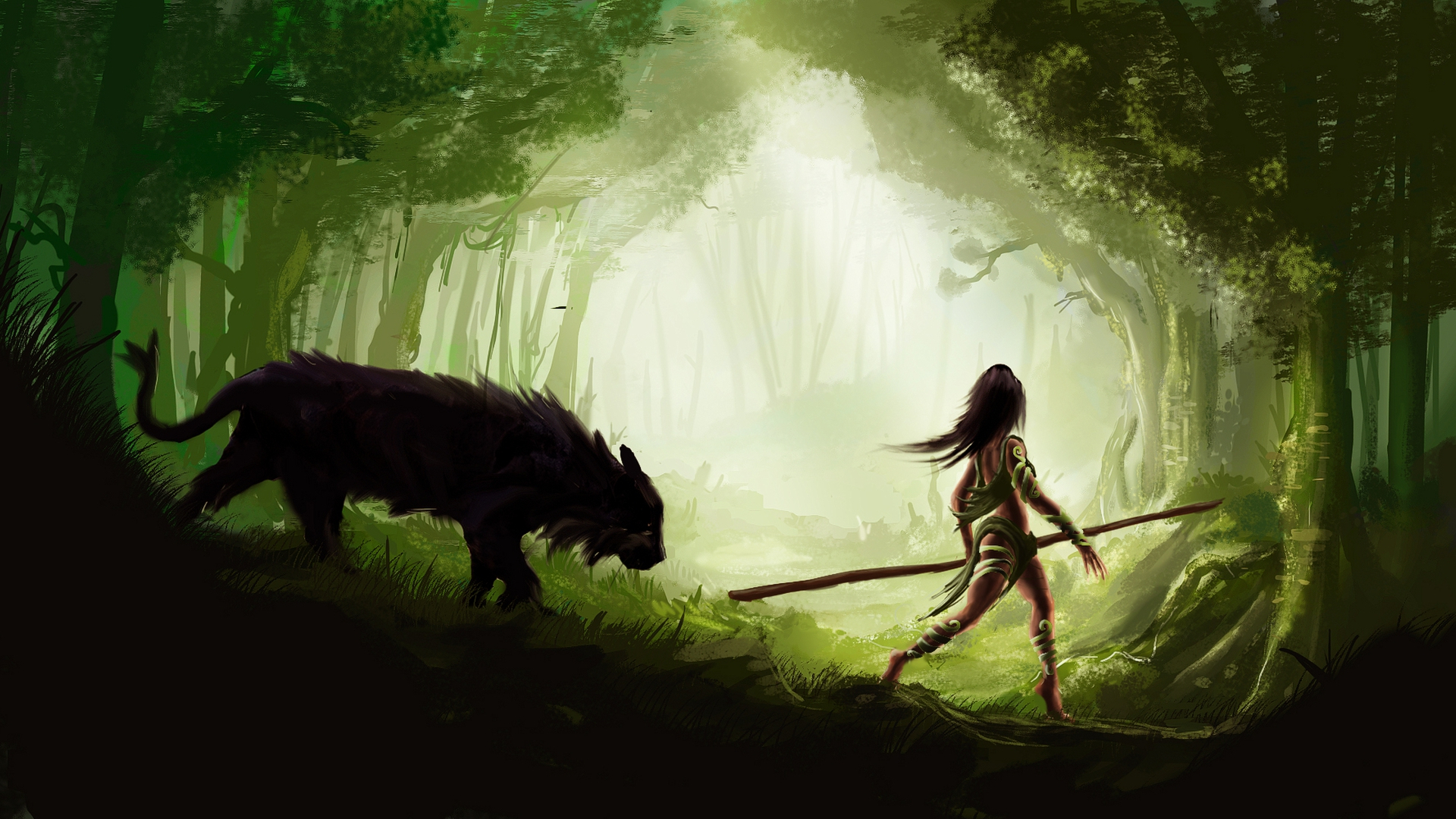 Free download wallpaper Fantasy, Forest, Cat, Creature, Women Warrior, Woman Warrior on your PC desktop