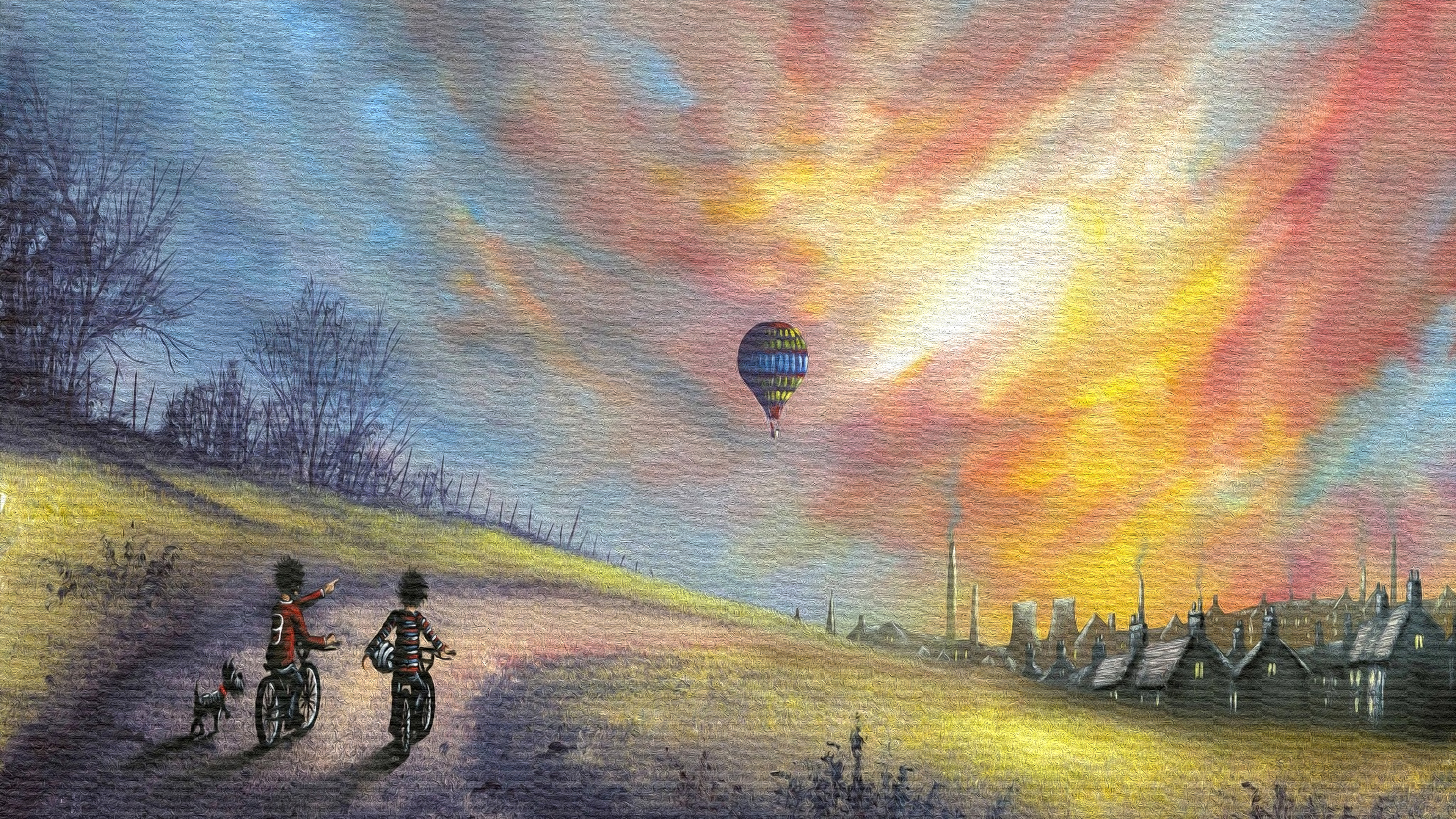 Laden Sie das Menschen, Haus, Farben, Künstlerisch, Heißluftballon-Bild kostenlos auf Ihren PC-Desktop herunter