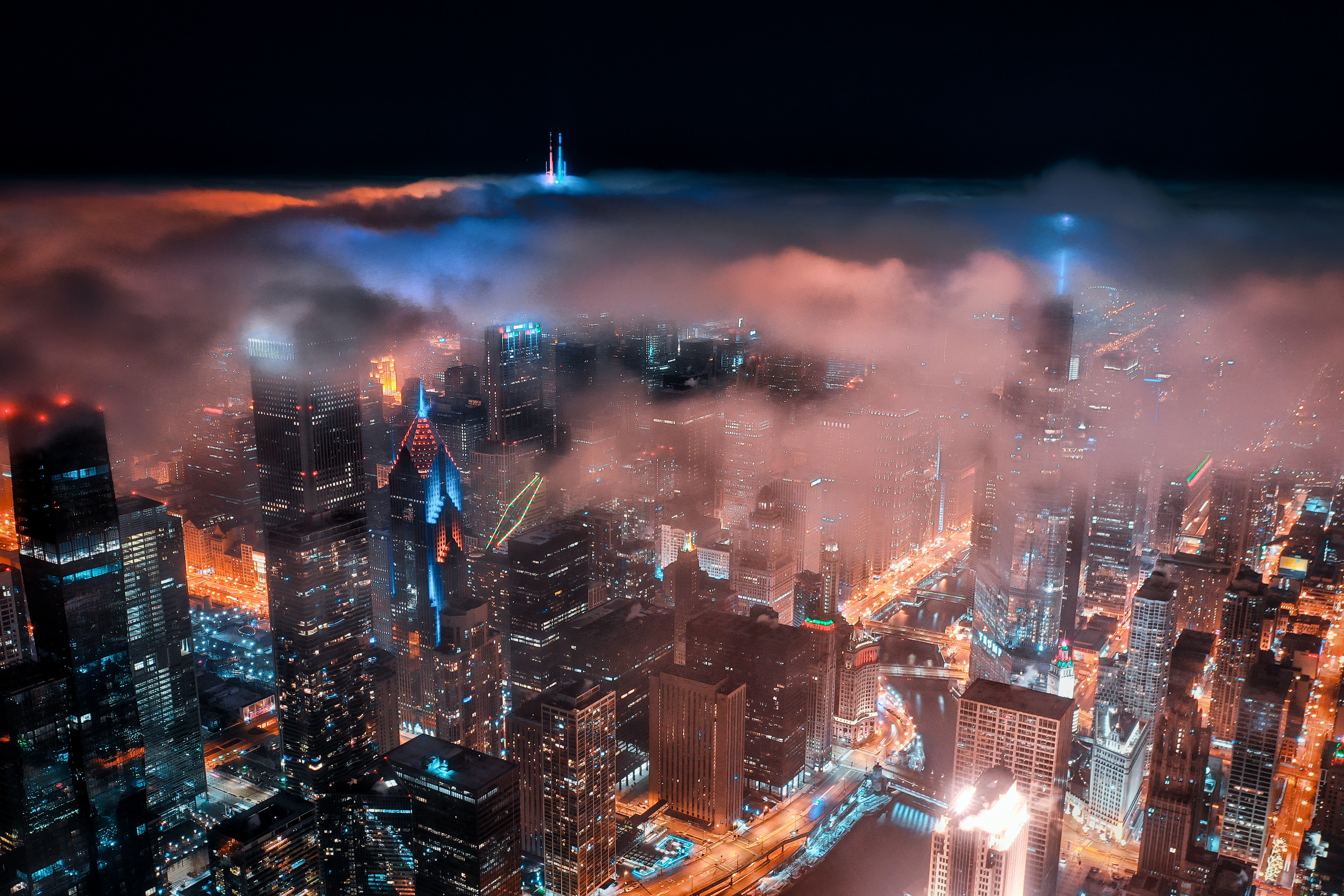 Download mobile wallpaper City, Cities, Clouds, Building, View From Above, Night, Dark for free.