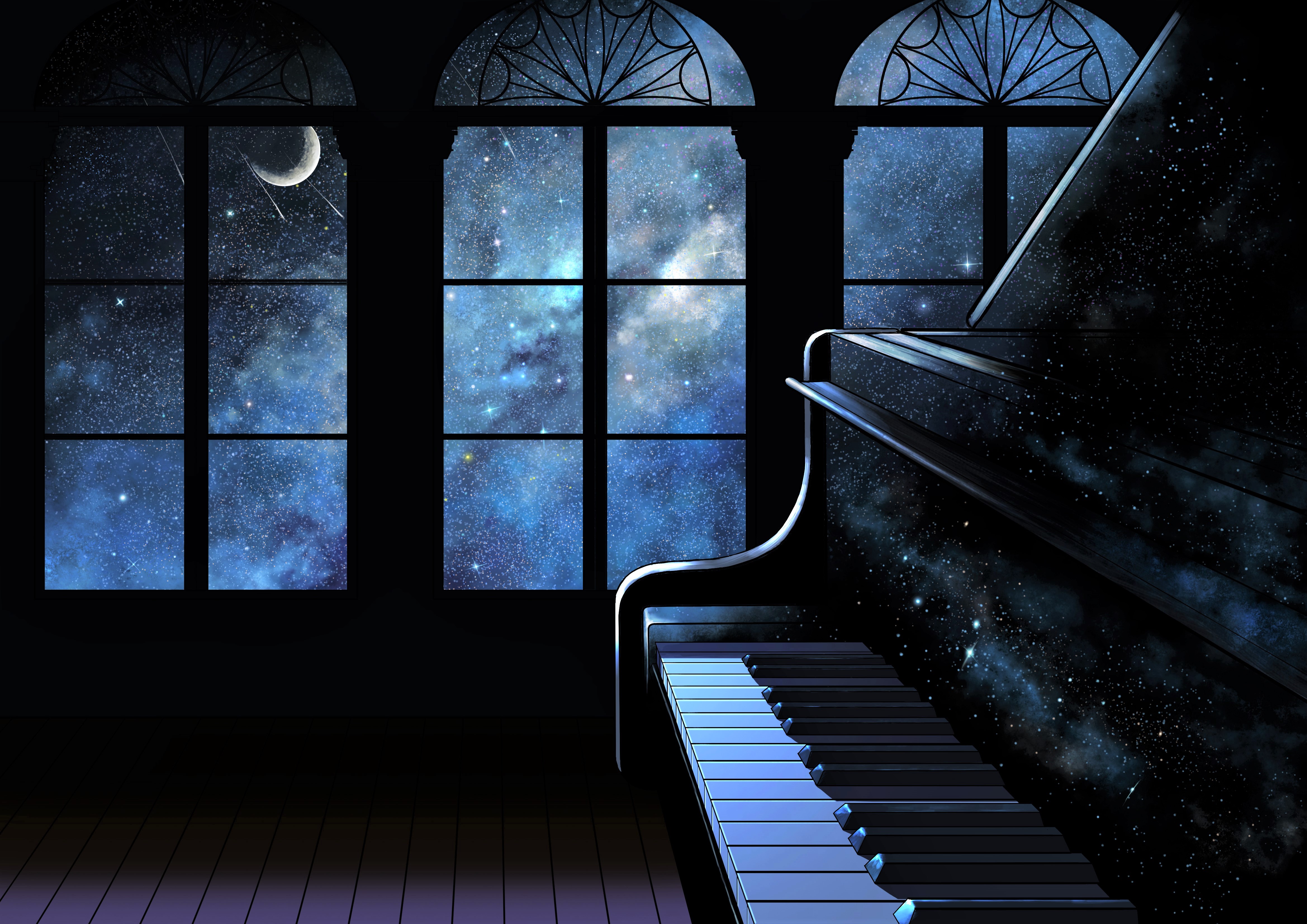 Скачать картинку Музыка, Космос, Ночь, Окно, Художественный, Фортепиано в телефон бесплатно.