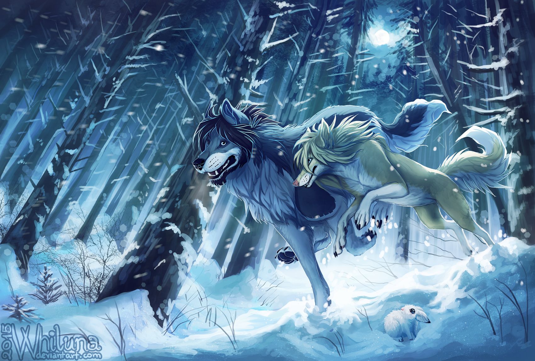 Download mobile wallpaper Fantasy, Moon, Snow, Tree, Wolf, Fantasy Animals for free.