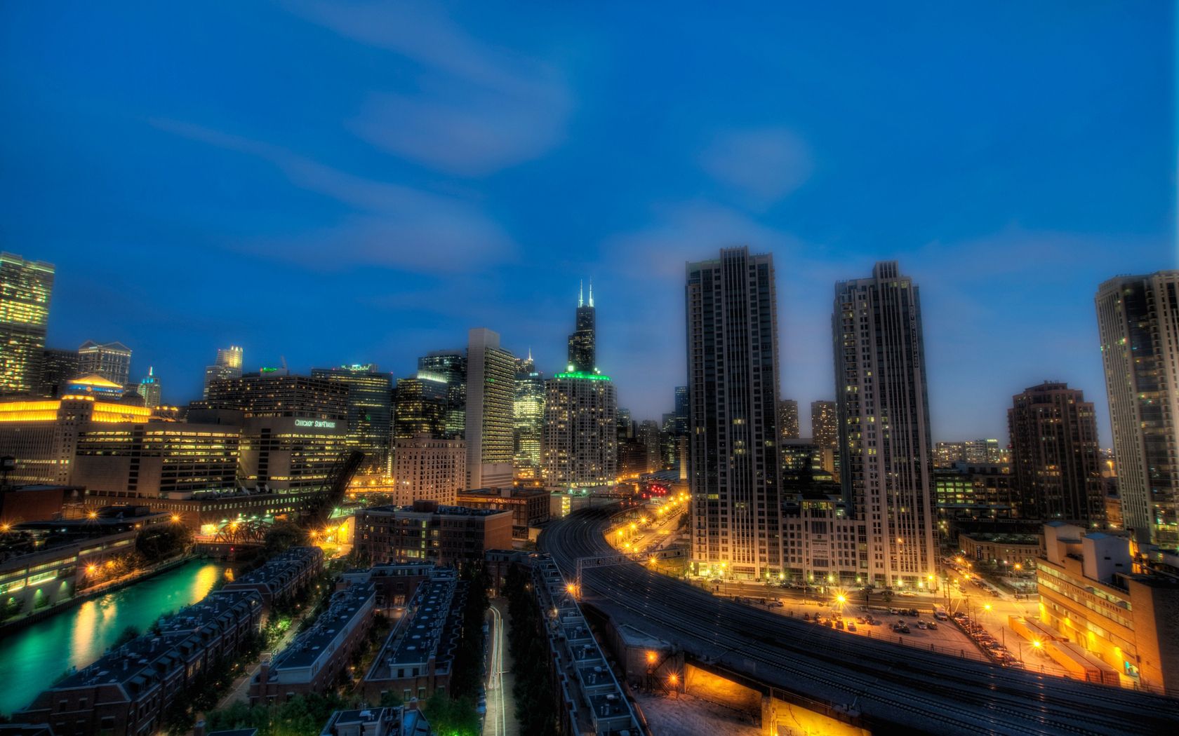 cities, night, city lights, skyscrapers, hdr, chicago, illinois