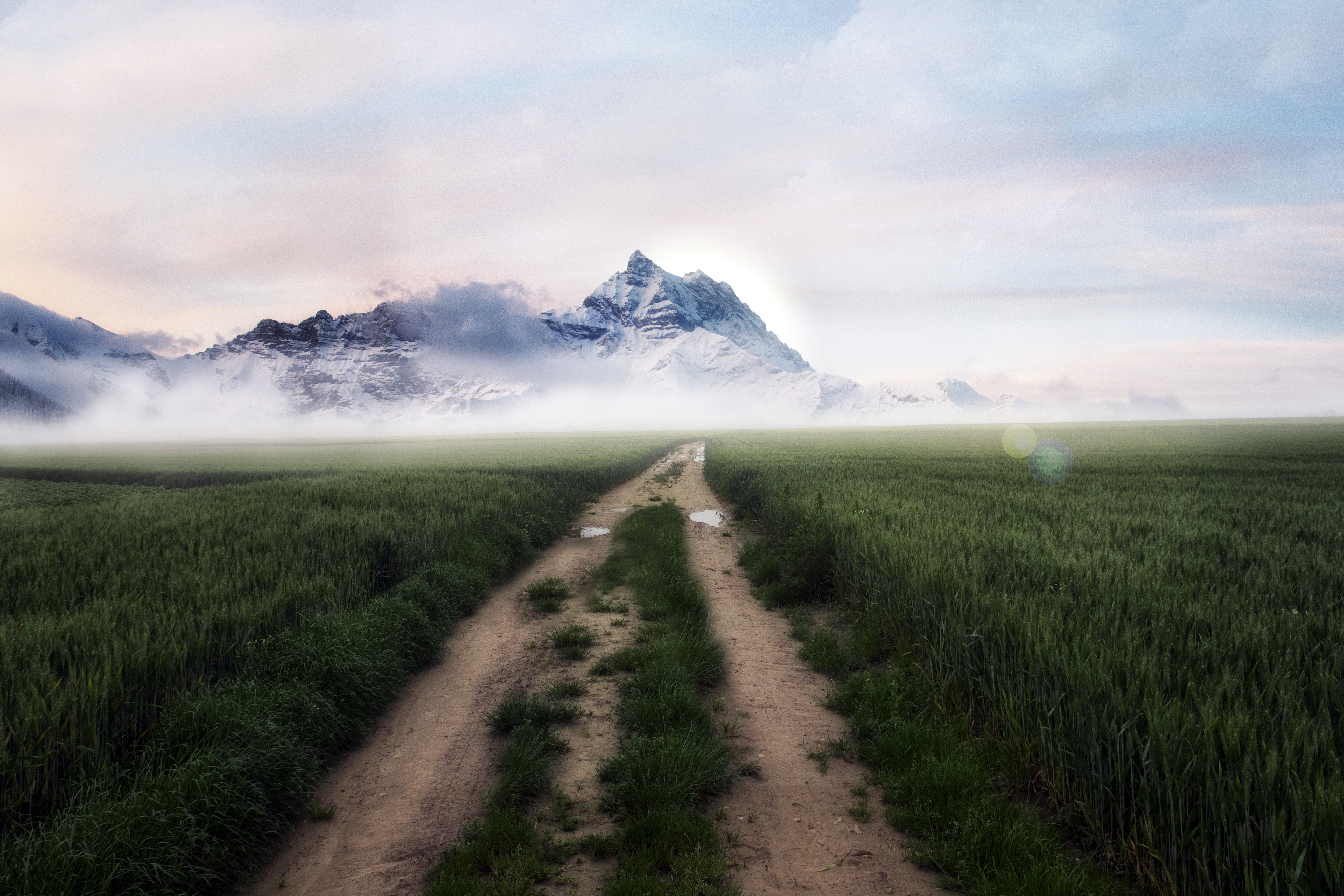 Free download wallpaper Landscape, Nature, Mountain, Fog, Earth, Field, Path on your PC desktop
