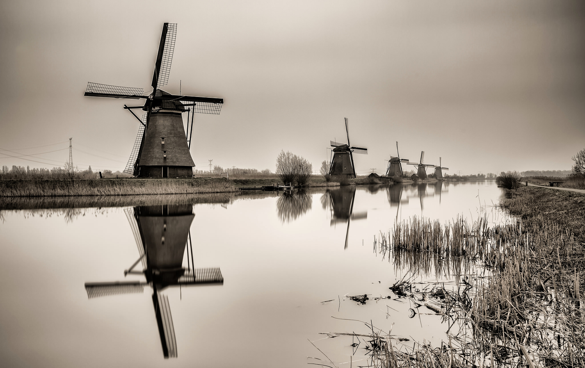 Free download wallpaper Building, Reflection, River, Windmill, Man Made on your PC desktop