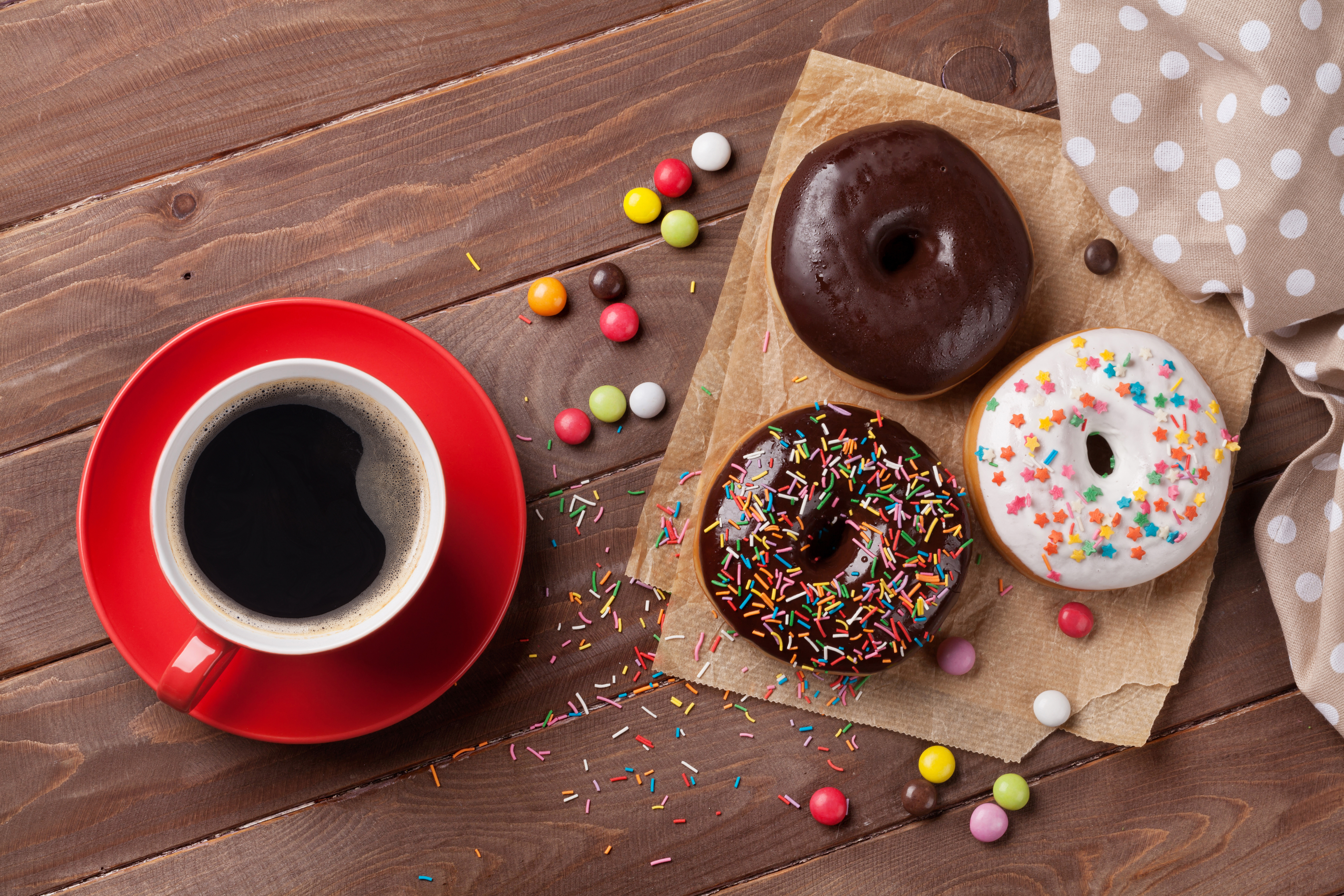Download mobile wallpaper Food, Coffee, Sweets, Doughnut, Candy for free.