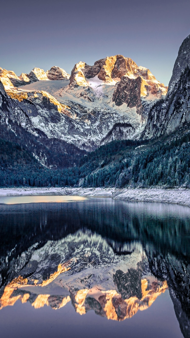 Download mobile wallpaper Winter, Nature, Mountain, Lake, Reflection, Earth for free.