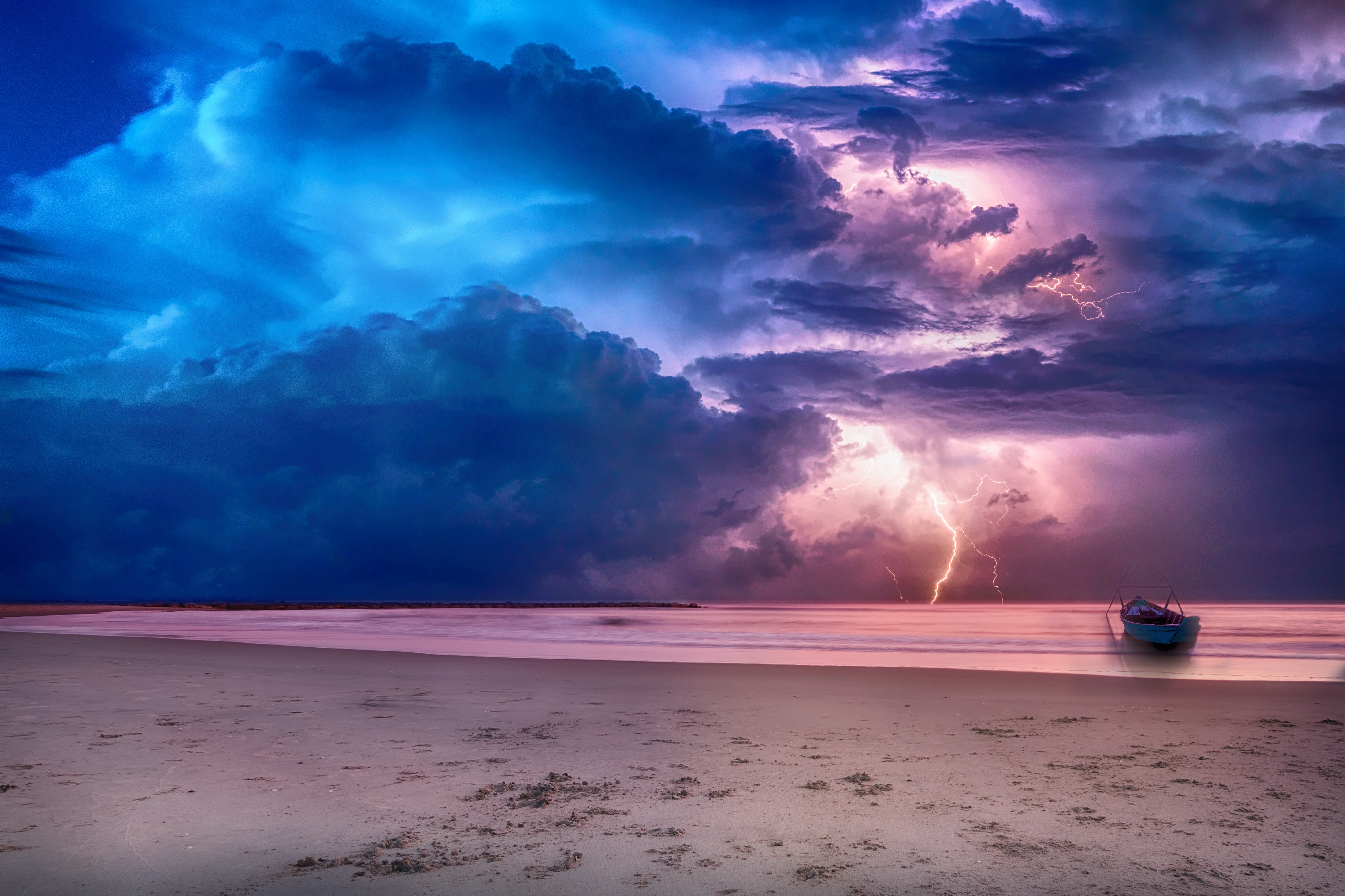 Download mobile wallpaper Beach, Lightning, Boat, Photography for free.