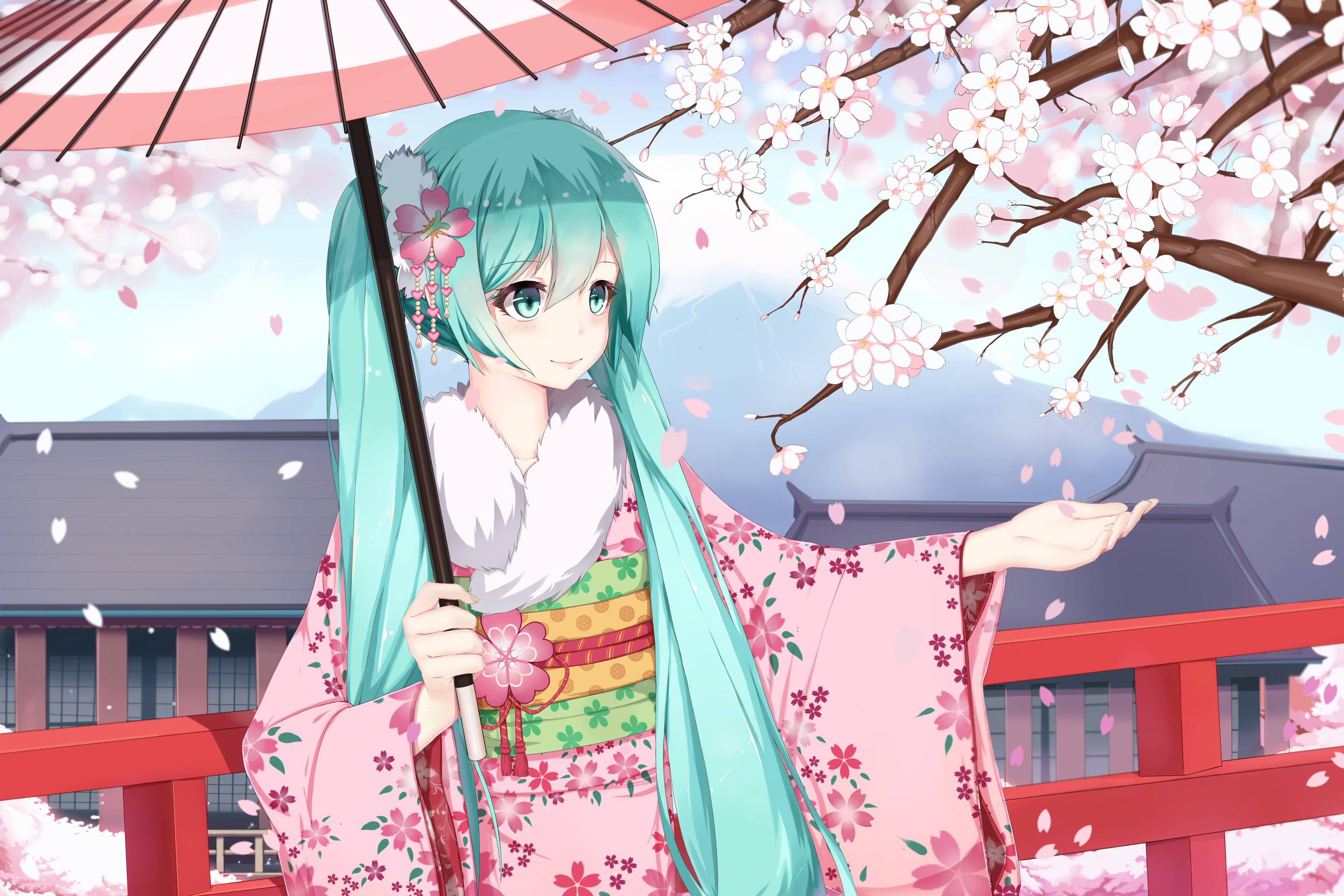 Laden Sie das Regenschirm, Vocaloid, Kimono, Blütenblatt, Blaue Augen, Blaue Haare, Hatsune Miku, Animes, Twintails, Sakura Blüte-Bild kostenlos auf Ihren PC-Desktop herunter