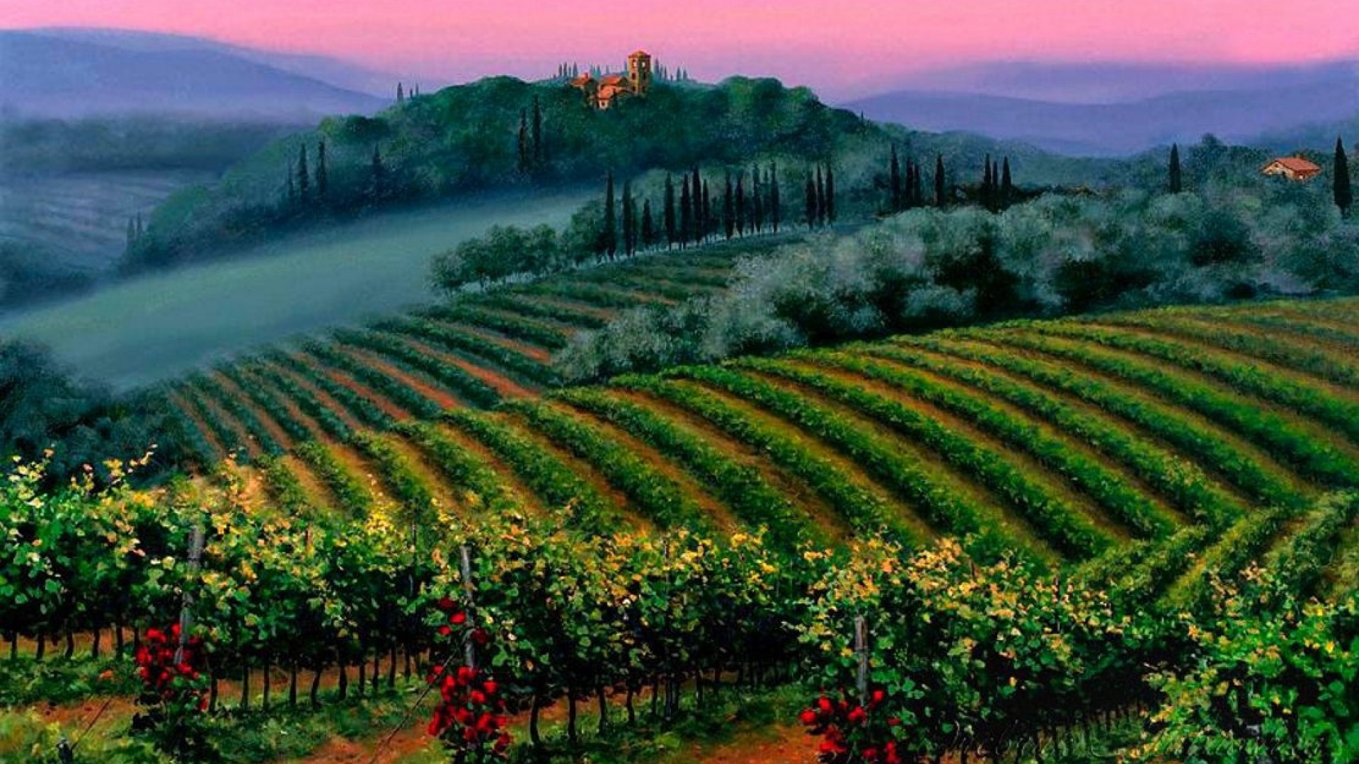 Скачать картинку Италия, Красочный, Картина, Виноградник, Тоскана, Художественные в телефон бесплатно.