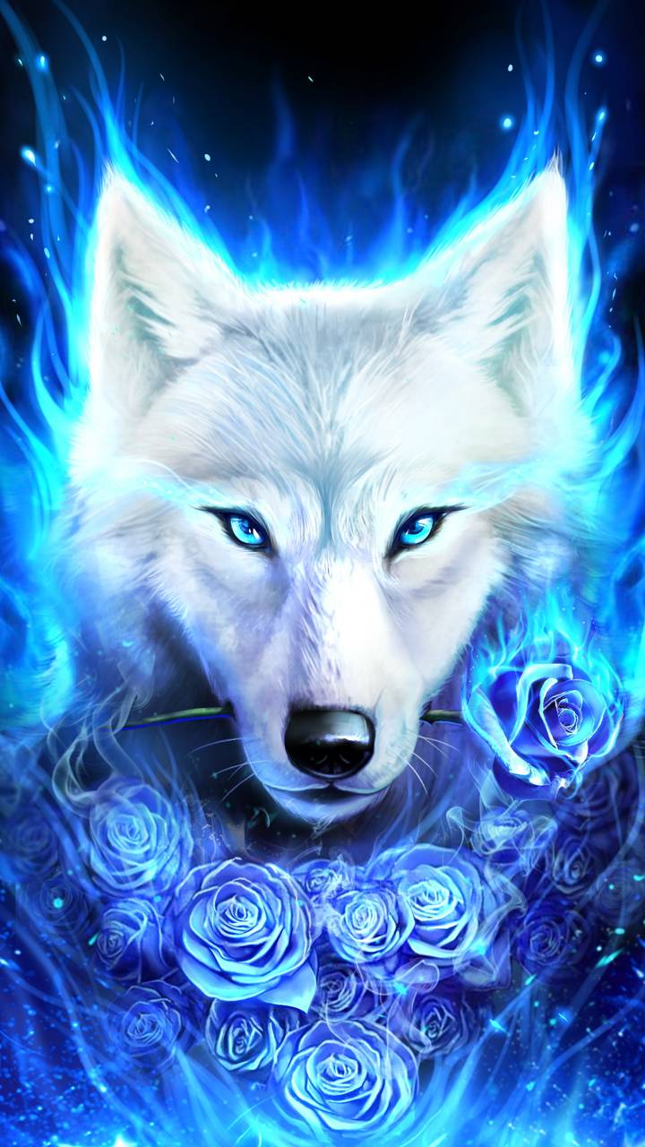 無料モバイル壁紙ファンタジー, 薔薇, 狼, 白いオオカミ, 青い花, ファンタジー動物をダウンロードします。