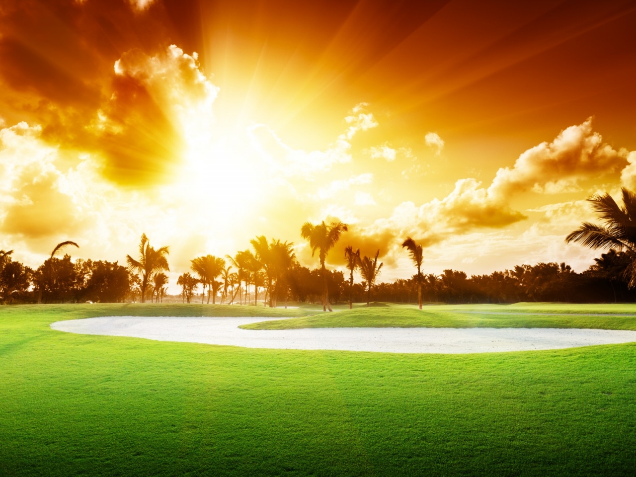 1487381 descargar imagen hecho por el hombre, campo de golf, puesta de sol: fondos de pantalla y protectores de pantalla gratis