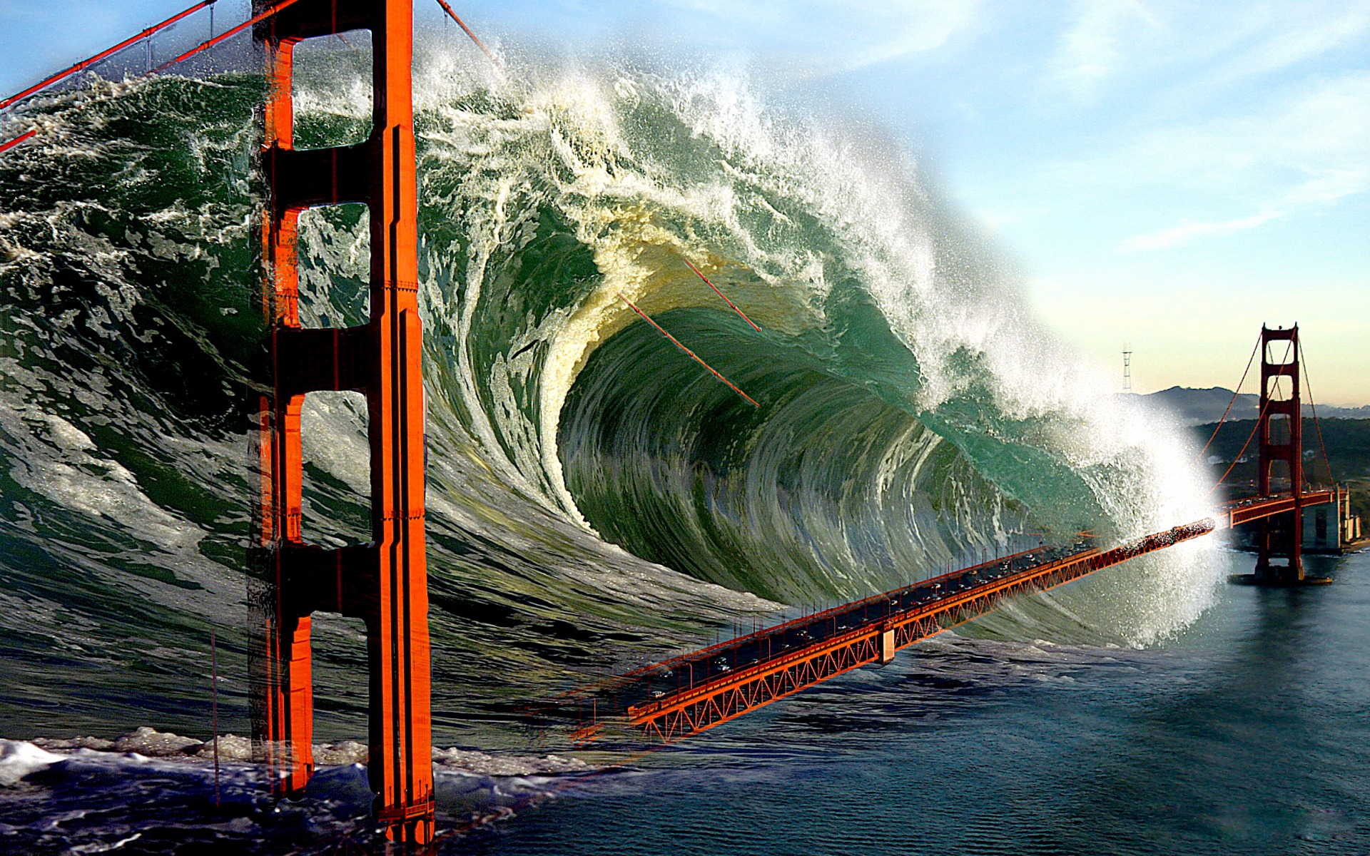 751548 скачать обои цунами, научная фантастика, апокалиптический, апокалипсис, золотой ворота, волна - заставки и картинки бесплатно