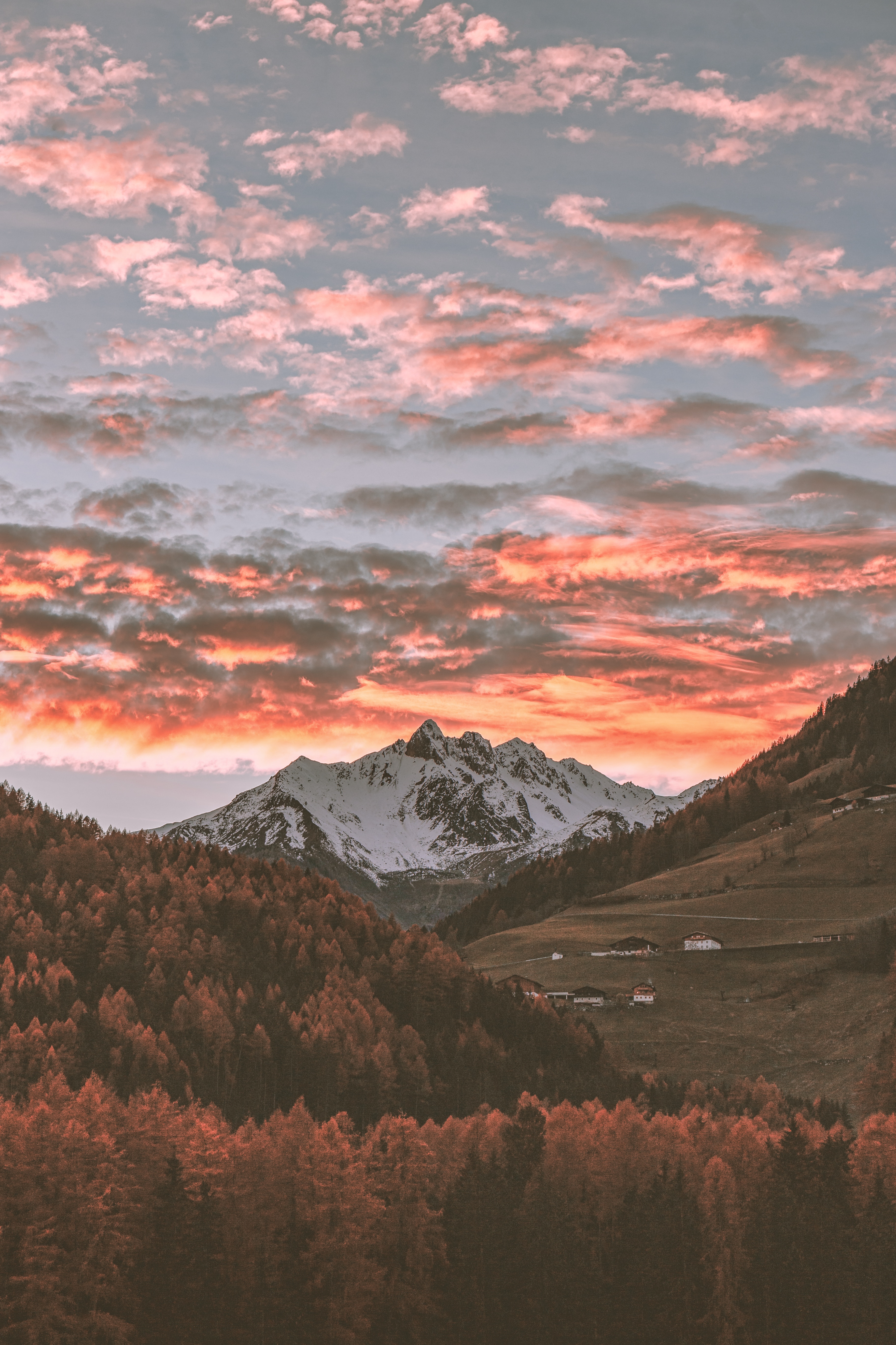 Download mobile wallpaper Clouds, Trees, Sky, Nature, Mountains, Autumn, Italy, Village for free.