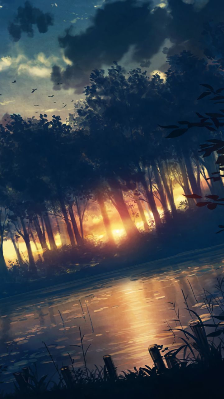 Download mobile wallpaper Anime, Water, Sunset, Bird, Forest, Tree for free.