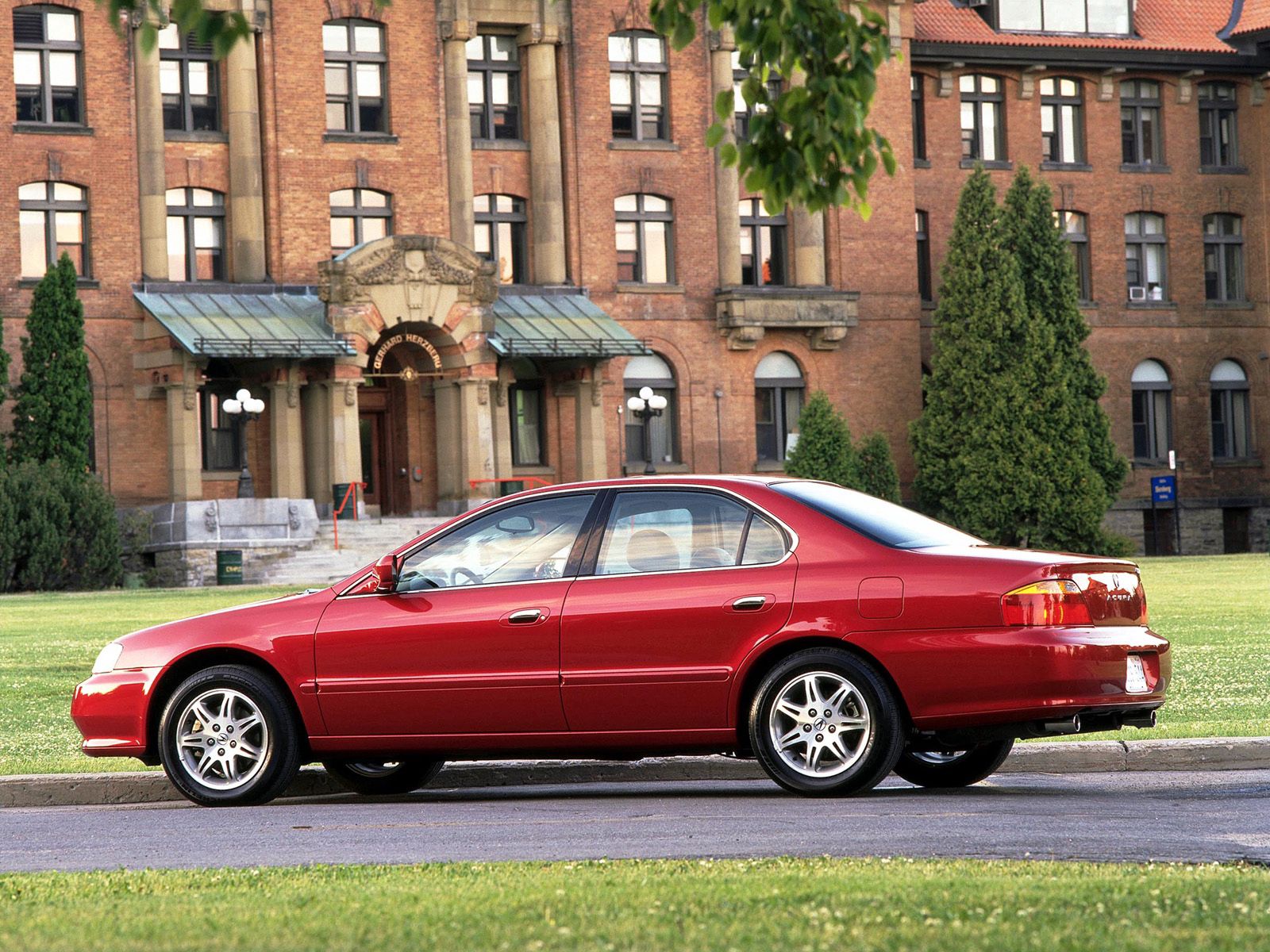cars, auto, acura, red, building, side view, style, akura, lawn, shrubs, tl, 1999