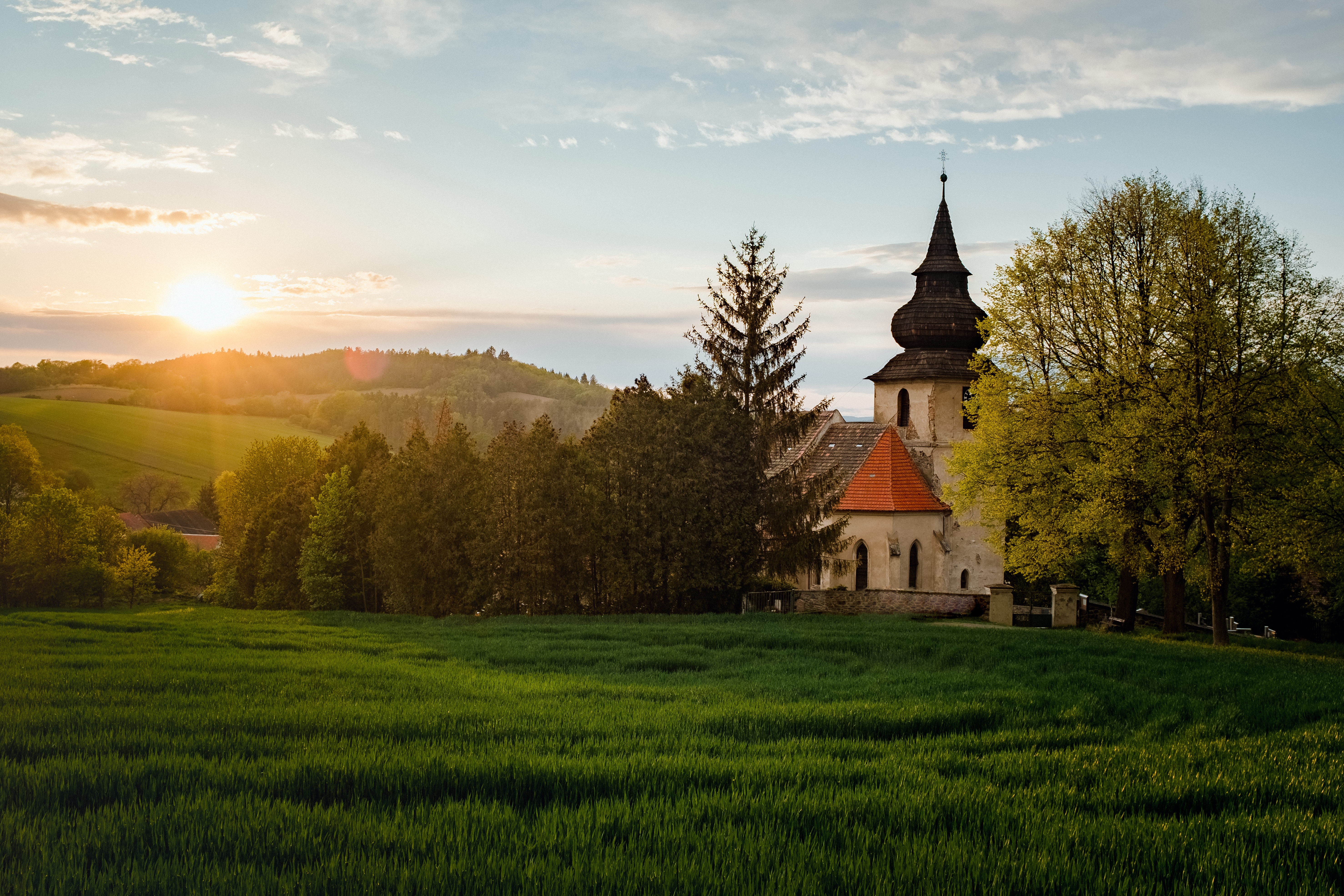 Free download wallpaper Landscape, Sunset, Tree, Hill, Church, Churches, Religious on your PC desktop