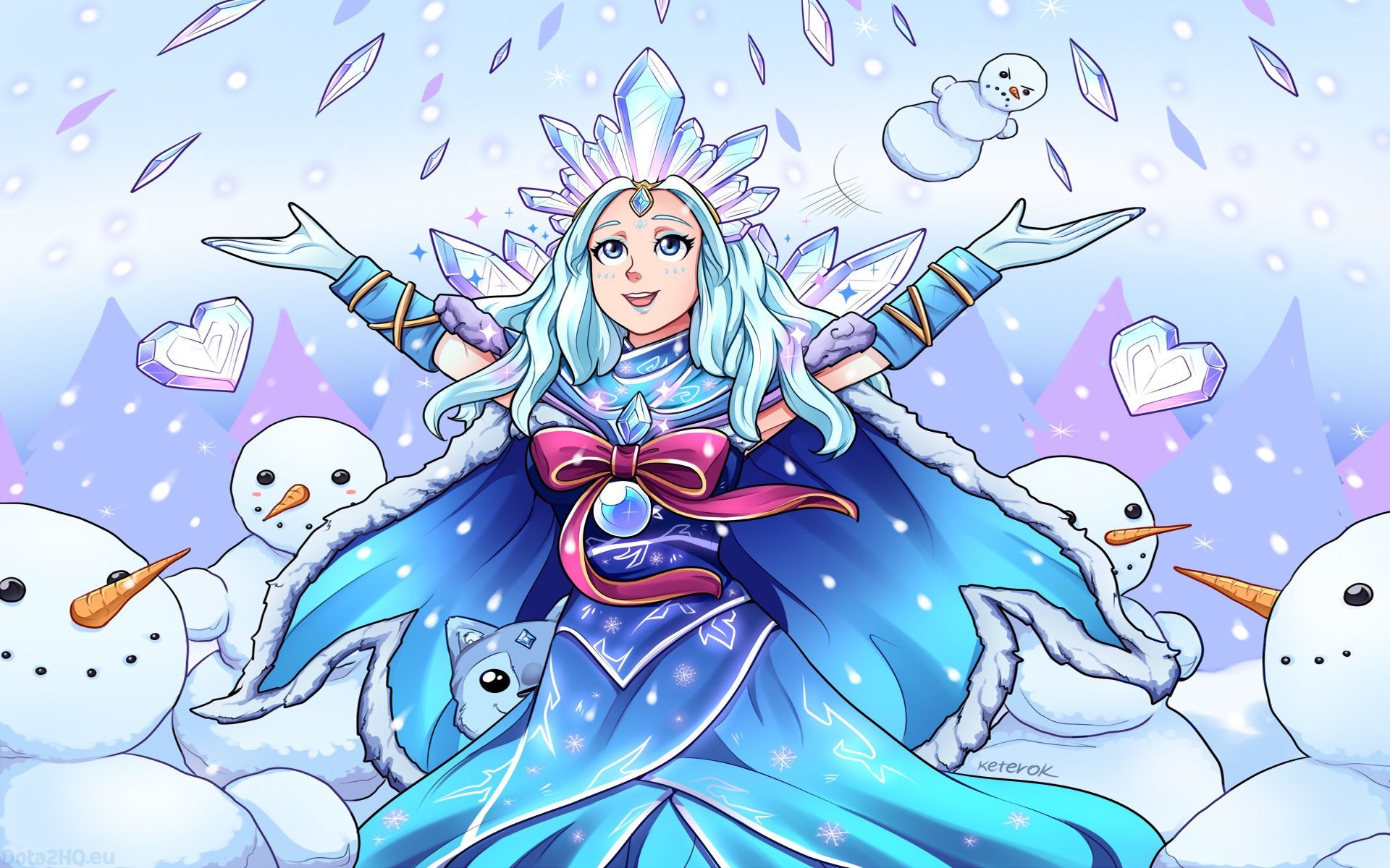 video game, dota 2, blue eyes, blue hair, crystal maiden (dota 2), snowman, dota
