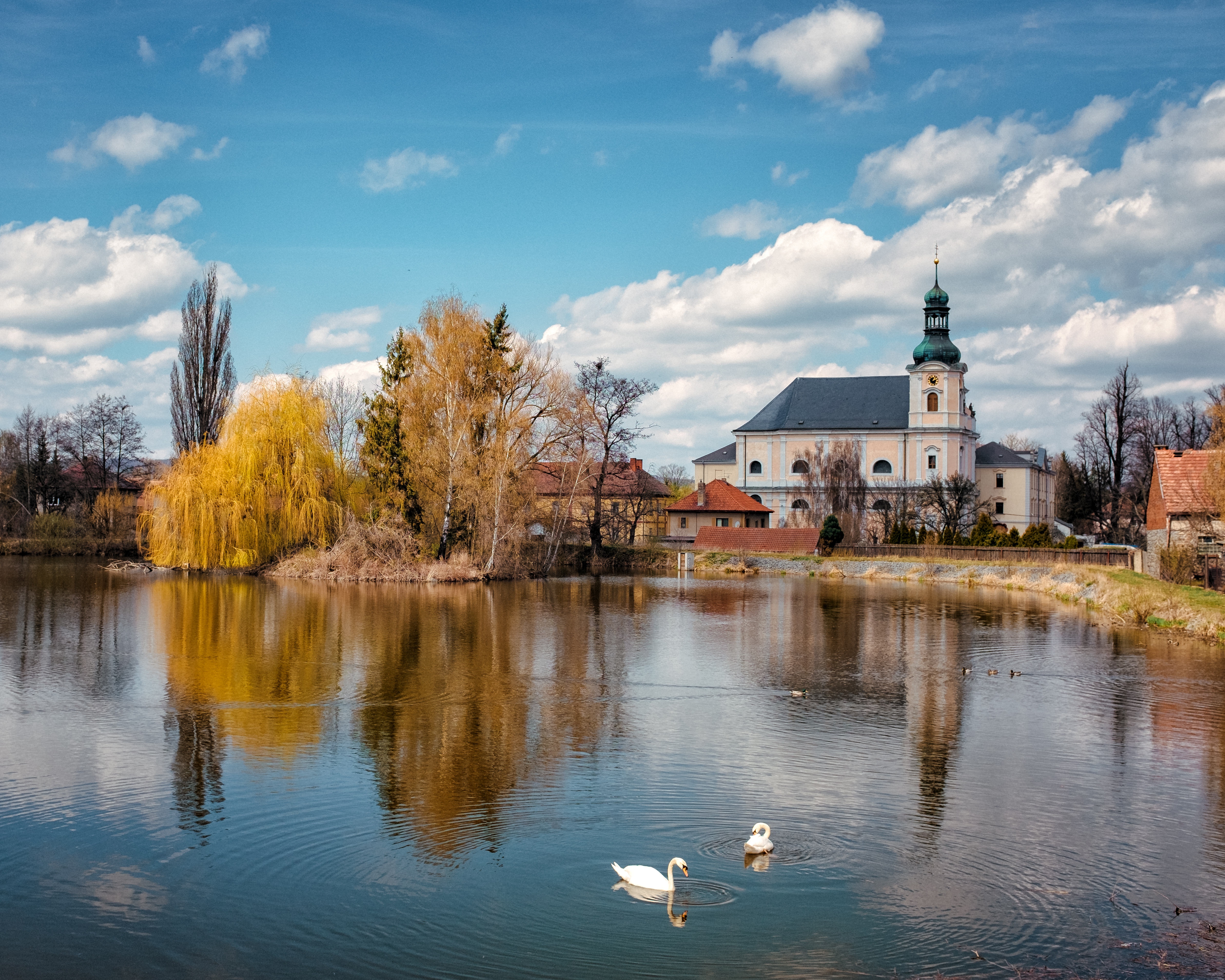 Download mobile wallpaper Village, Swan, Pond, Church, Czech Republic, Churches, Religious for free.