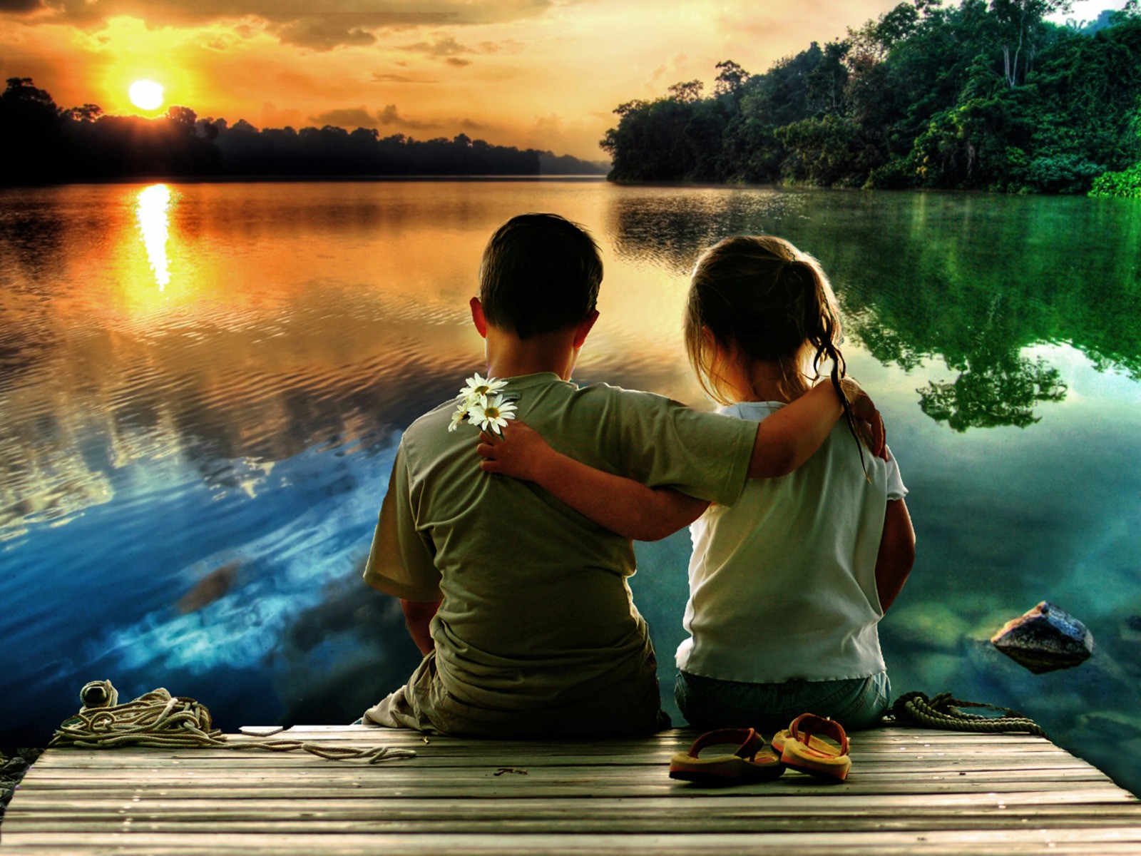photography, child, daisy, friend, lake, love, reflection, sunset, water