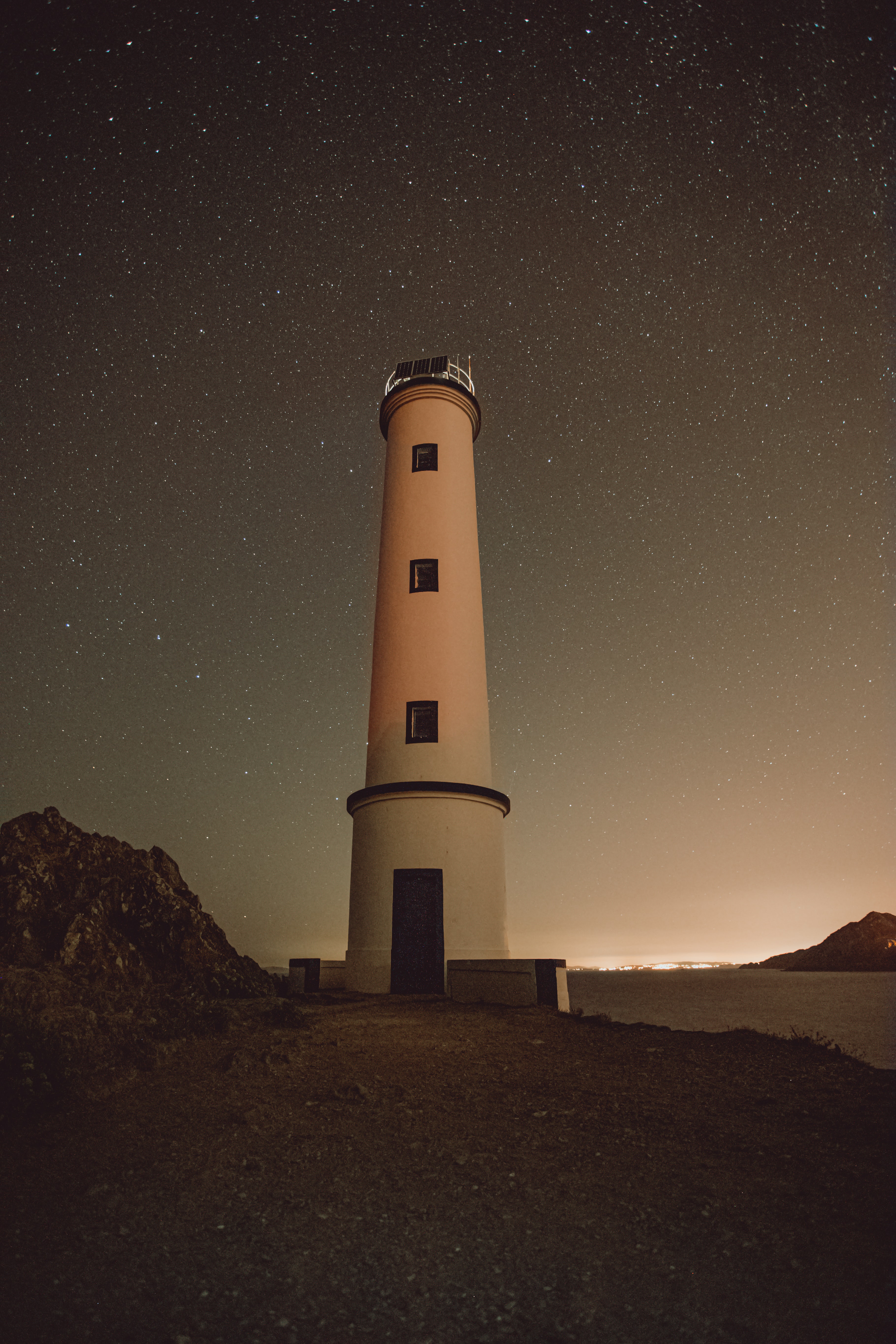 stars, nature, night, building, rocks, starry sky, lighthouse 2160p