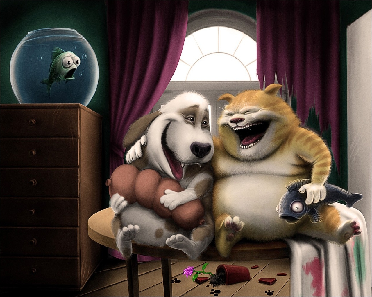 Descarga gratuita de fondo de pantalla para móvil de Dibujos Animados, Animales, Gato, Perro, Humor.